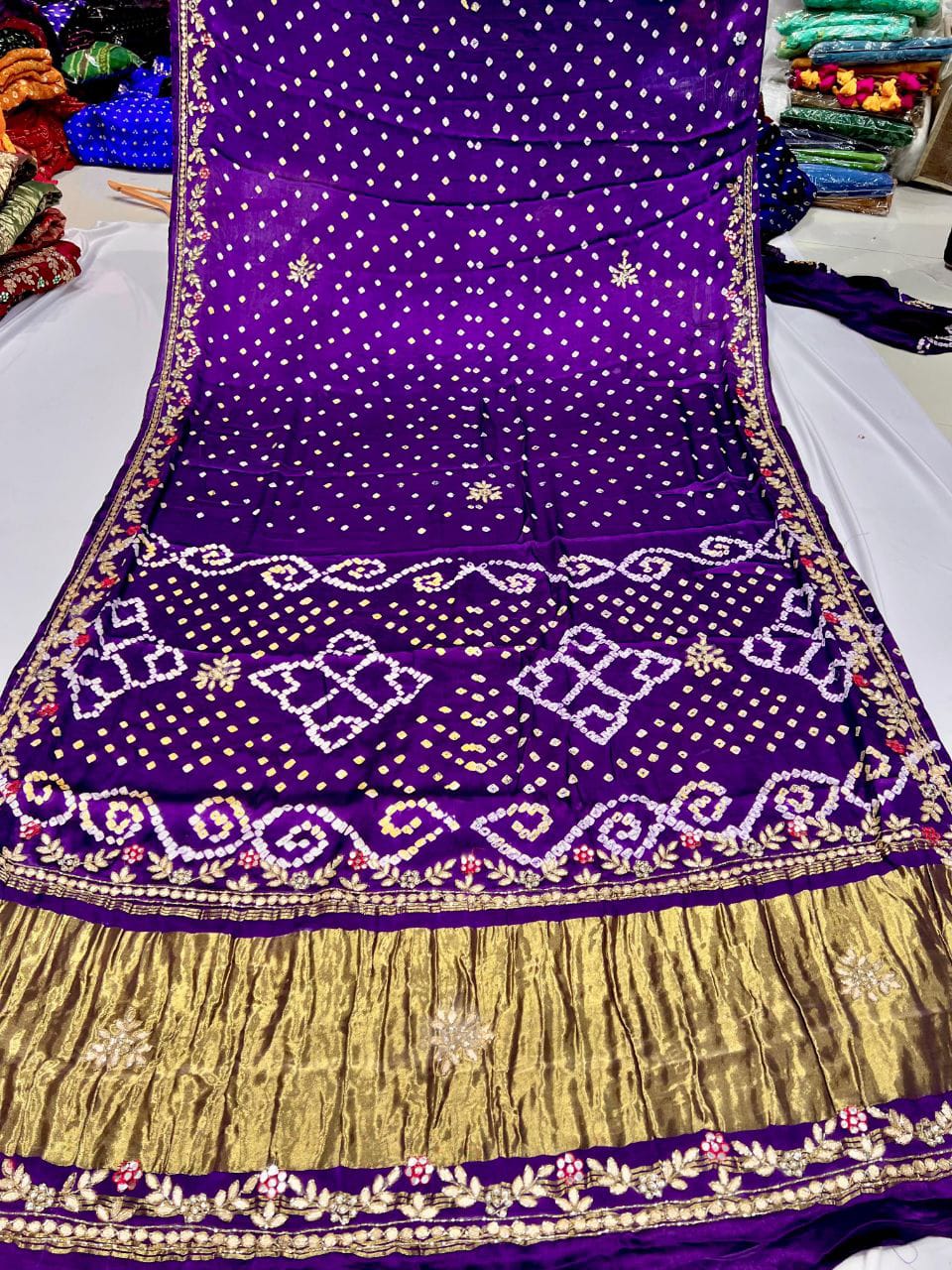 Gaji Silk Original Bandhani With Gota Pati Hand Work Saree