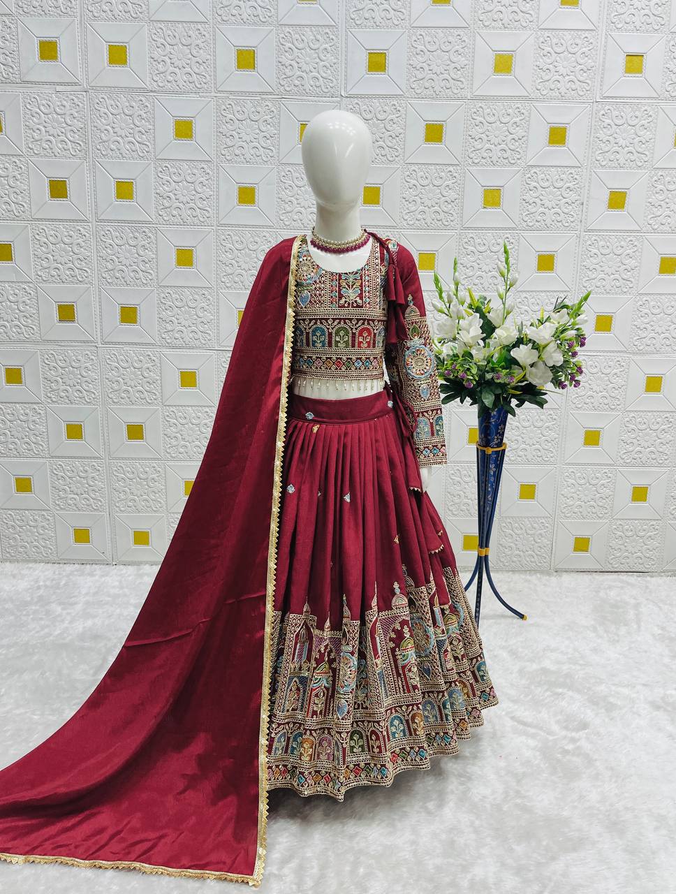 Heavy Pure Vichitra Embroidery Work Lehenga Choli Set