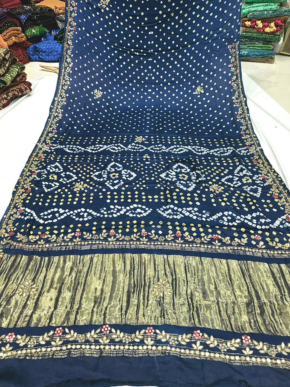 Gaji Silk Original Bandhani With Gota Pati Hand Work Saree