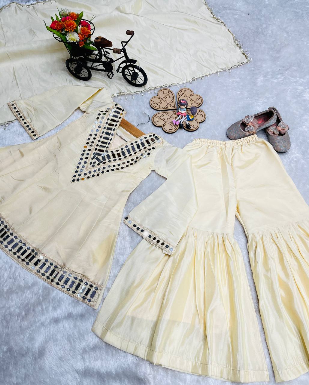 Thread with Real mirror With Fancy Sleeves Top Sharara & Dupatta Set