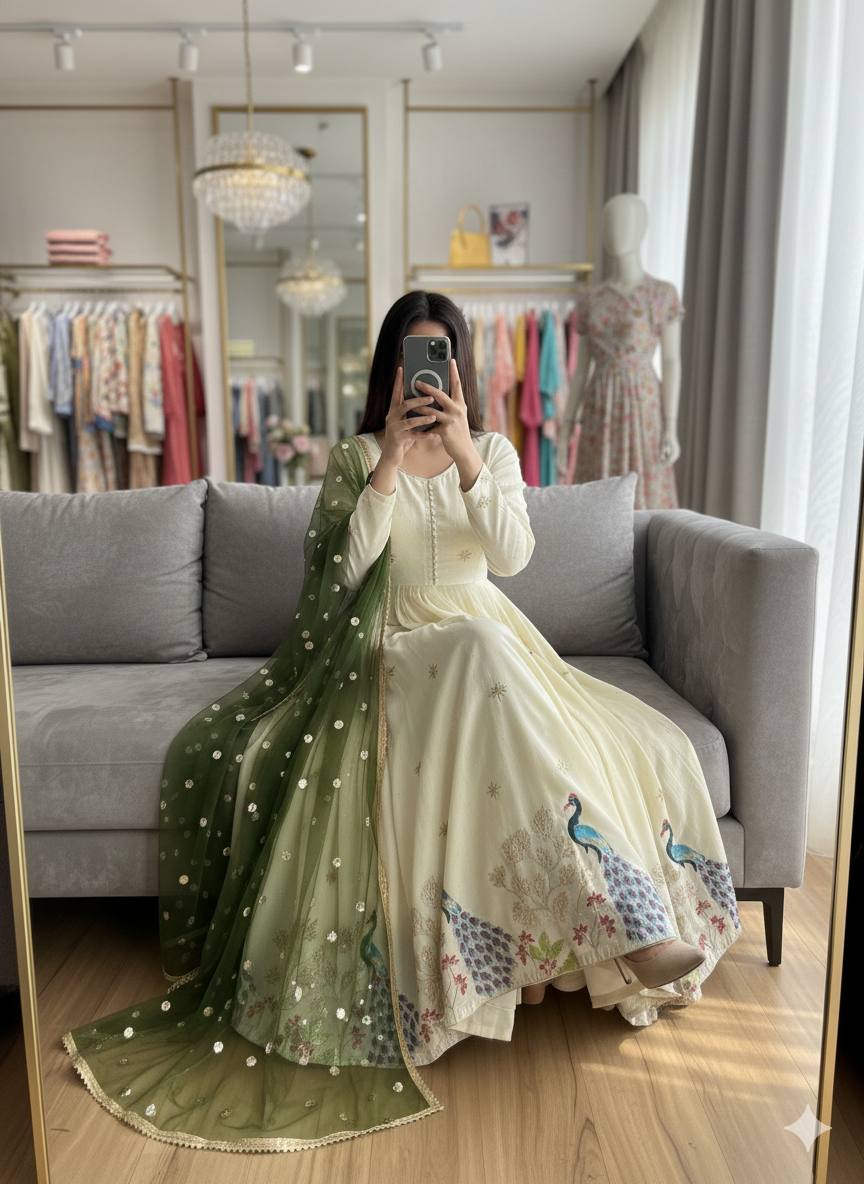 Pure Dola Silk With Molty Nidal Embroidery Work Gown