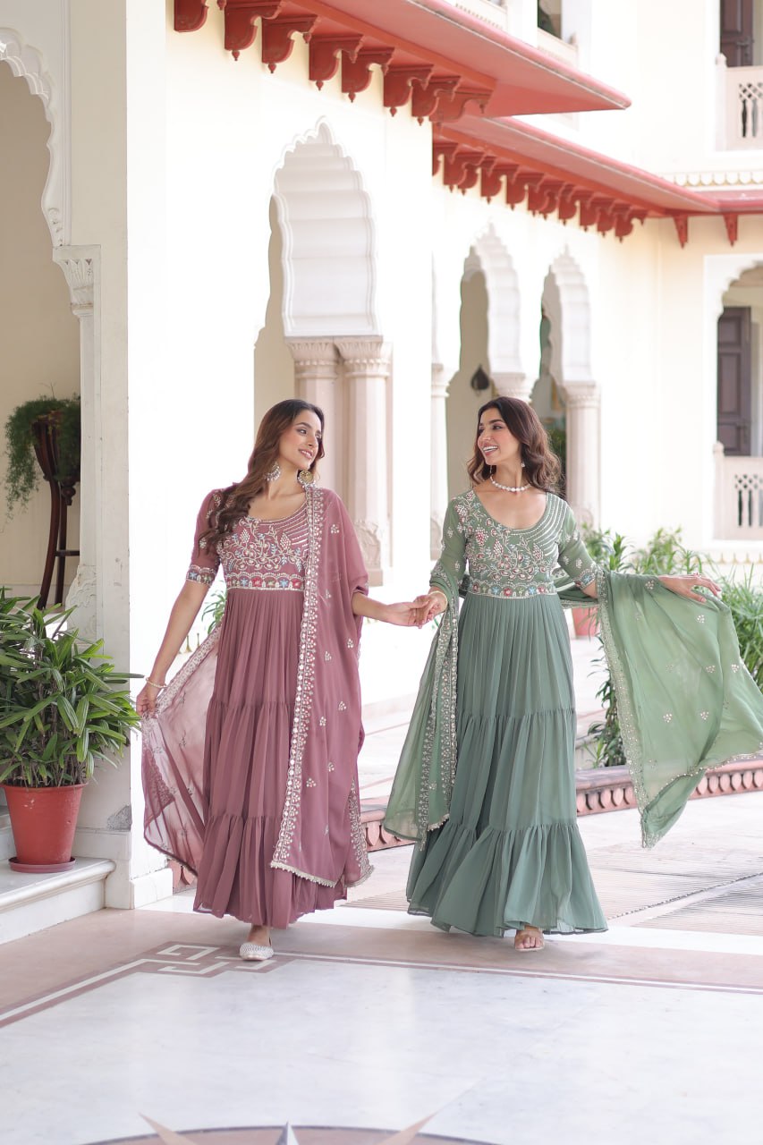 Faux Blooming With Sequins Multithreaded Beads Embroidered work Gown