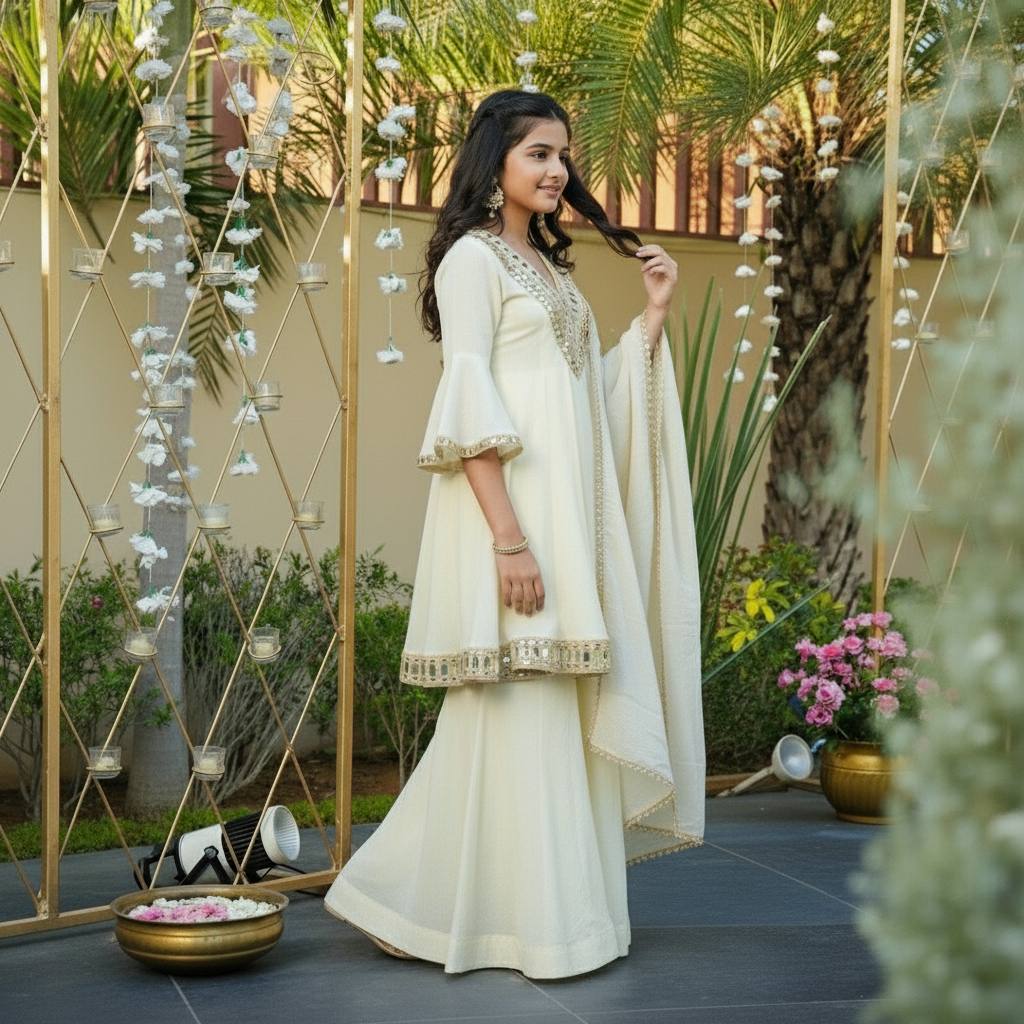 Thread with Real mirror With Fancy Sleeves Top Sharara & Dupatta Set