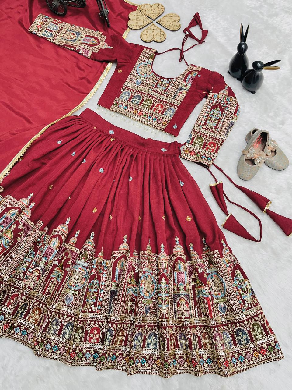Heavy Pure Vichitra Embroidery Work Lehenga Choli Set