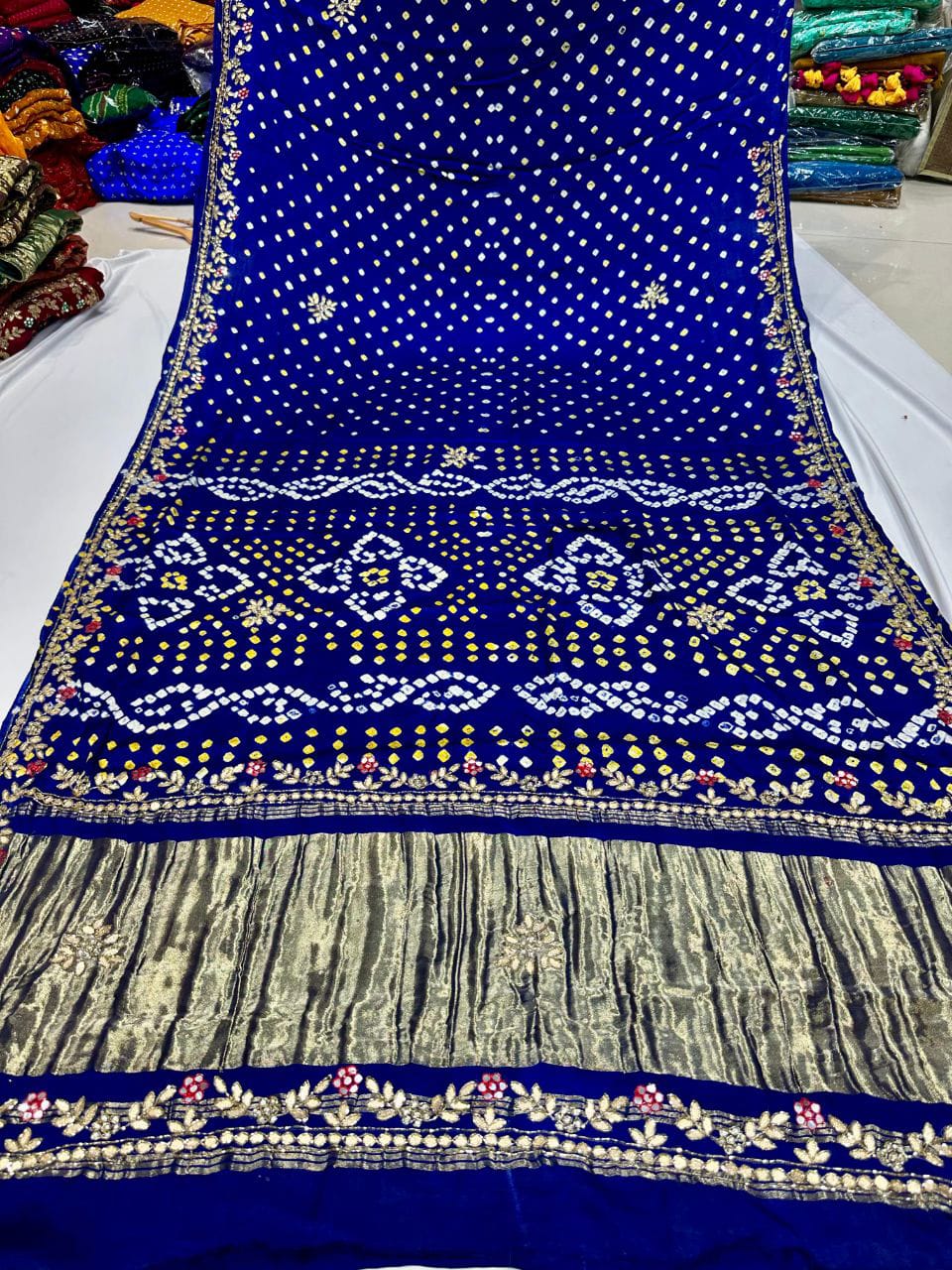 Gaji Silk Original Bandhani With Gota Pati Hand Work Saree