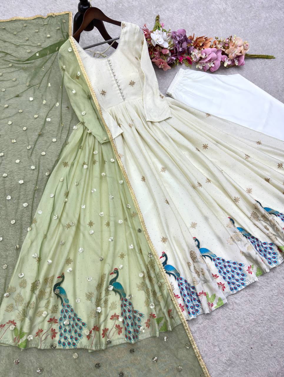 Pure Dola Silk With Molty Nidal Embroidery Work Gown