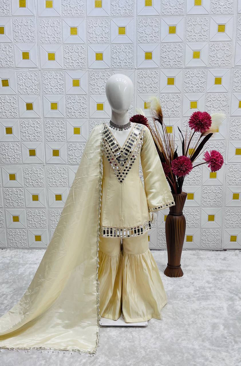 Thread with Real mirror With Fancy Sleeves Top Sharara & Dupatta Set