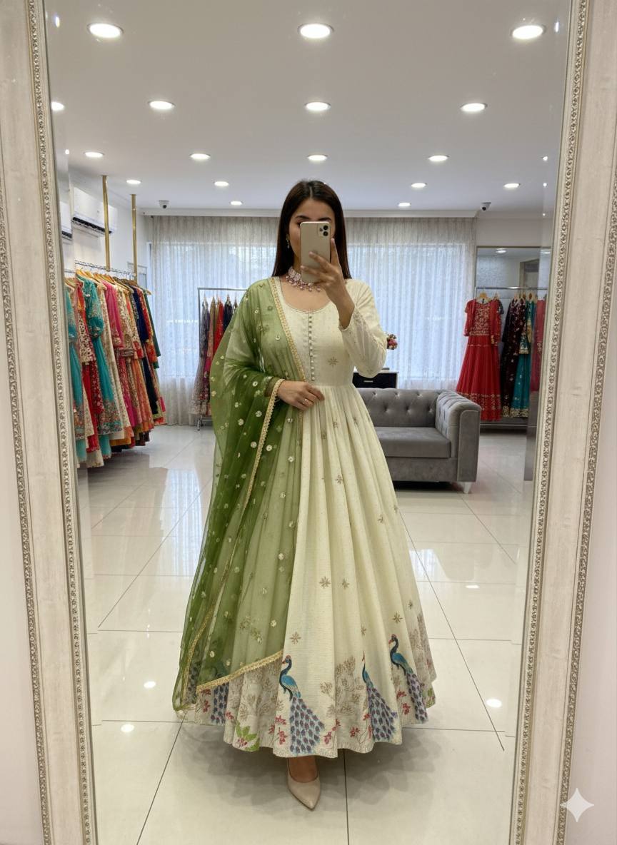 Pure Dola Silk With Molty Nidal Embroidery Work Gown