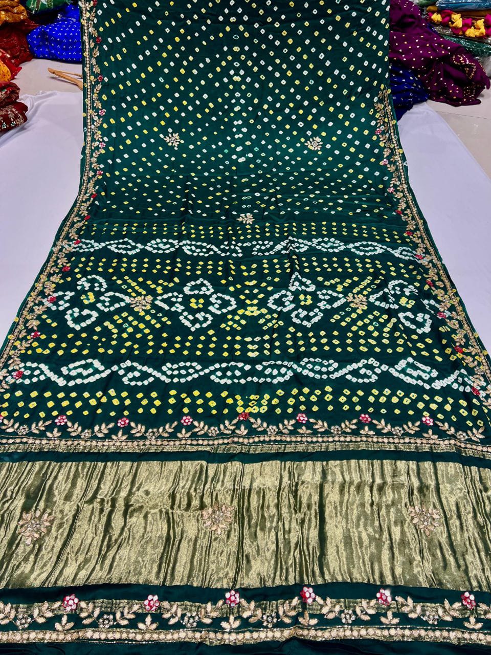 Gaji Silk Original Bandhani With Gota Pati Hand Work Saree