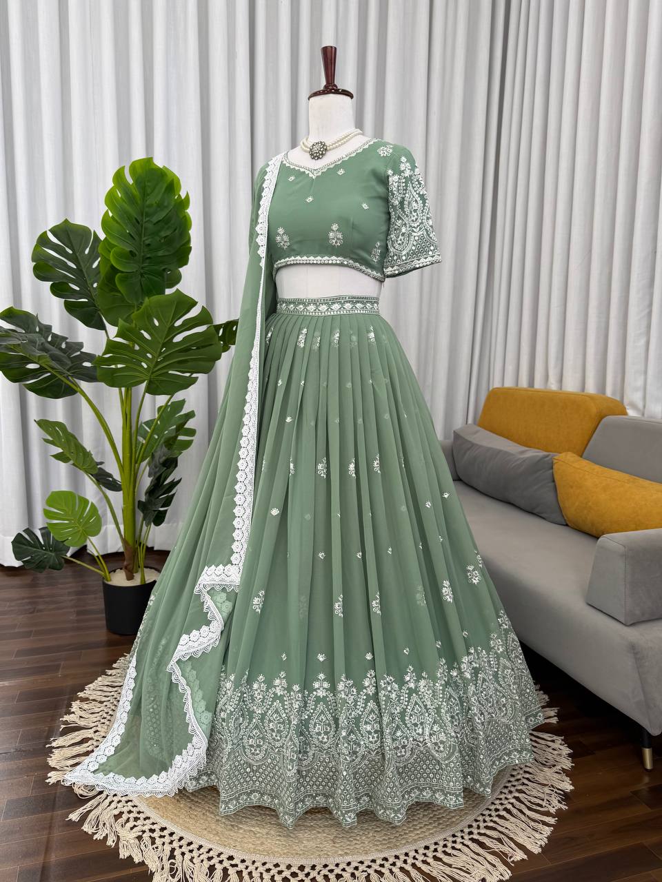 Foux Gorgette thread with 9mm Sequnce  Lahenga