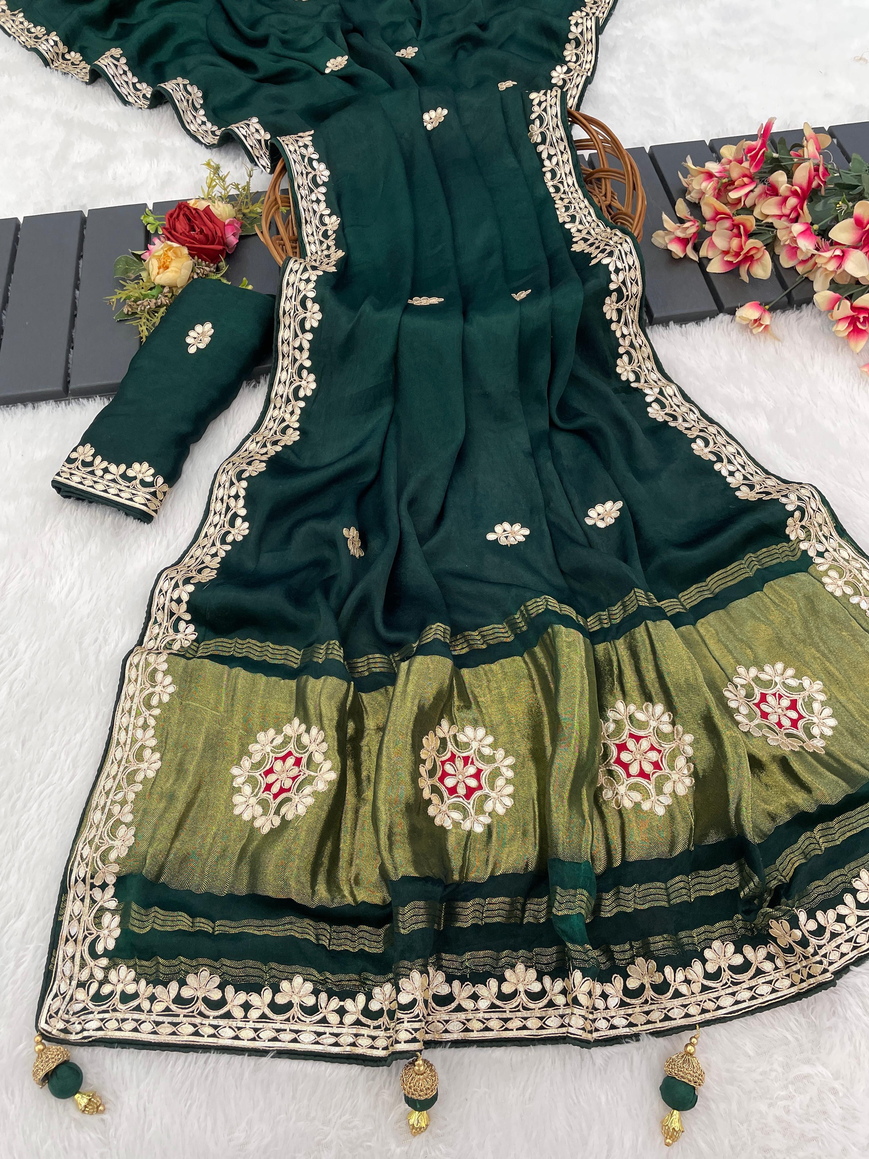 Gaji Silk Original Gala Pallu With Gota Pati Hand Work Saree