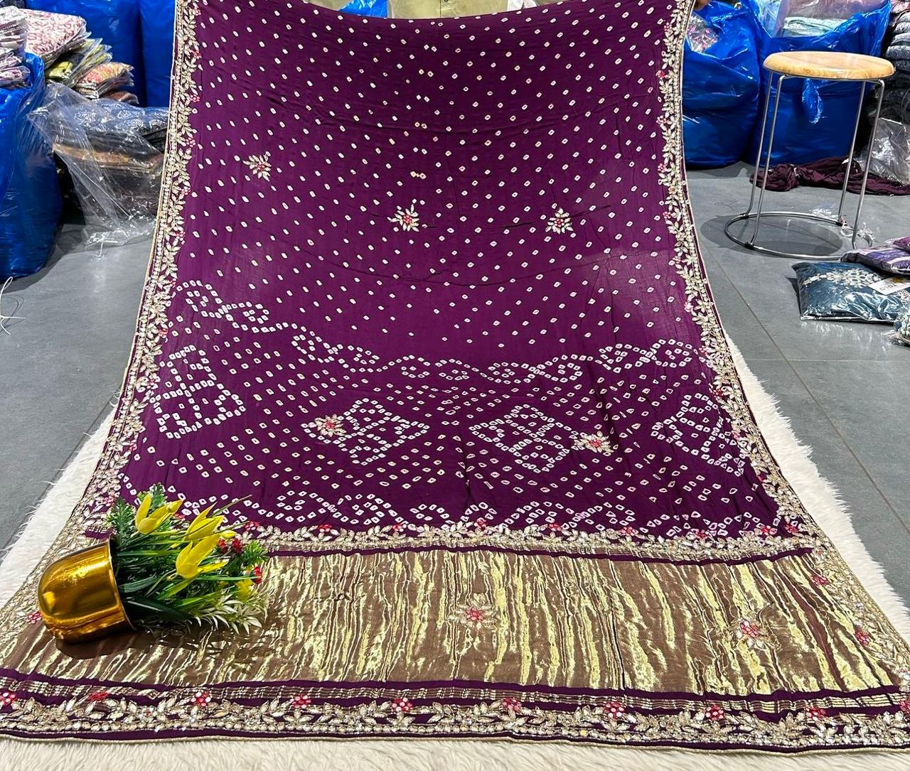 Gaji Silk Original Bandhani With Gota Pati Hand Work Saree