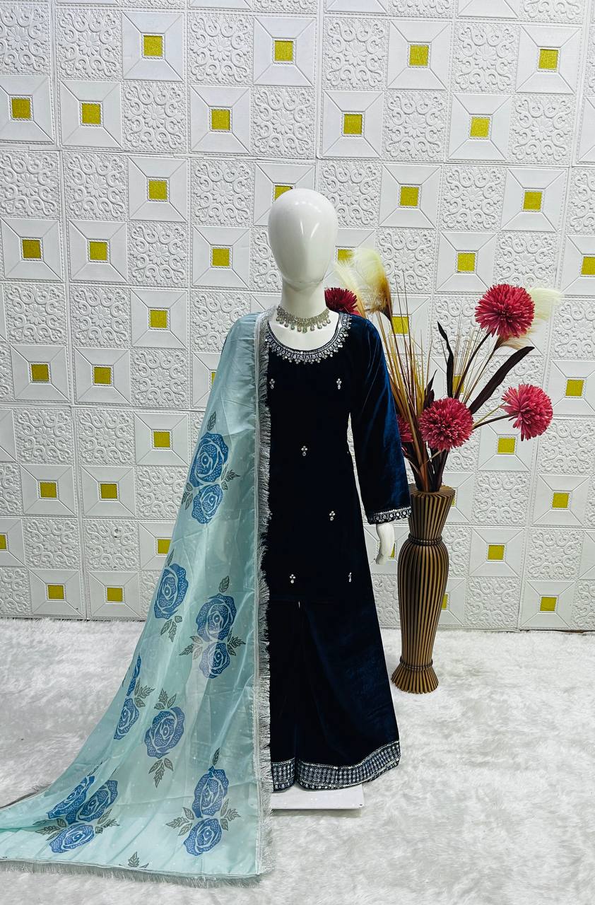 VISCOSE VELVET TOP-SHARARA AND DUPATTA SET