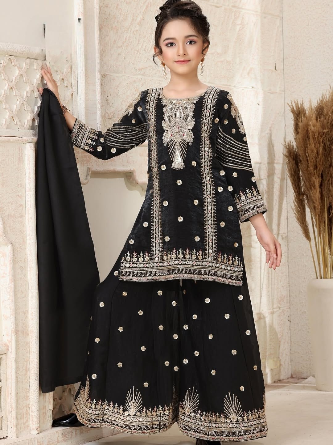 Royal Festive Kids Sharara Suit Collection – Red, Black & Teal Blue with Heavy Golden Embroidery