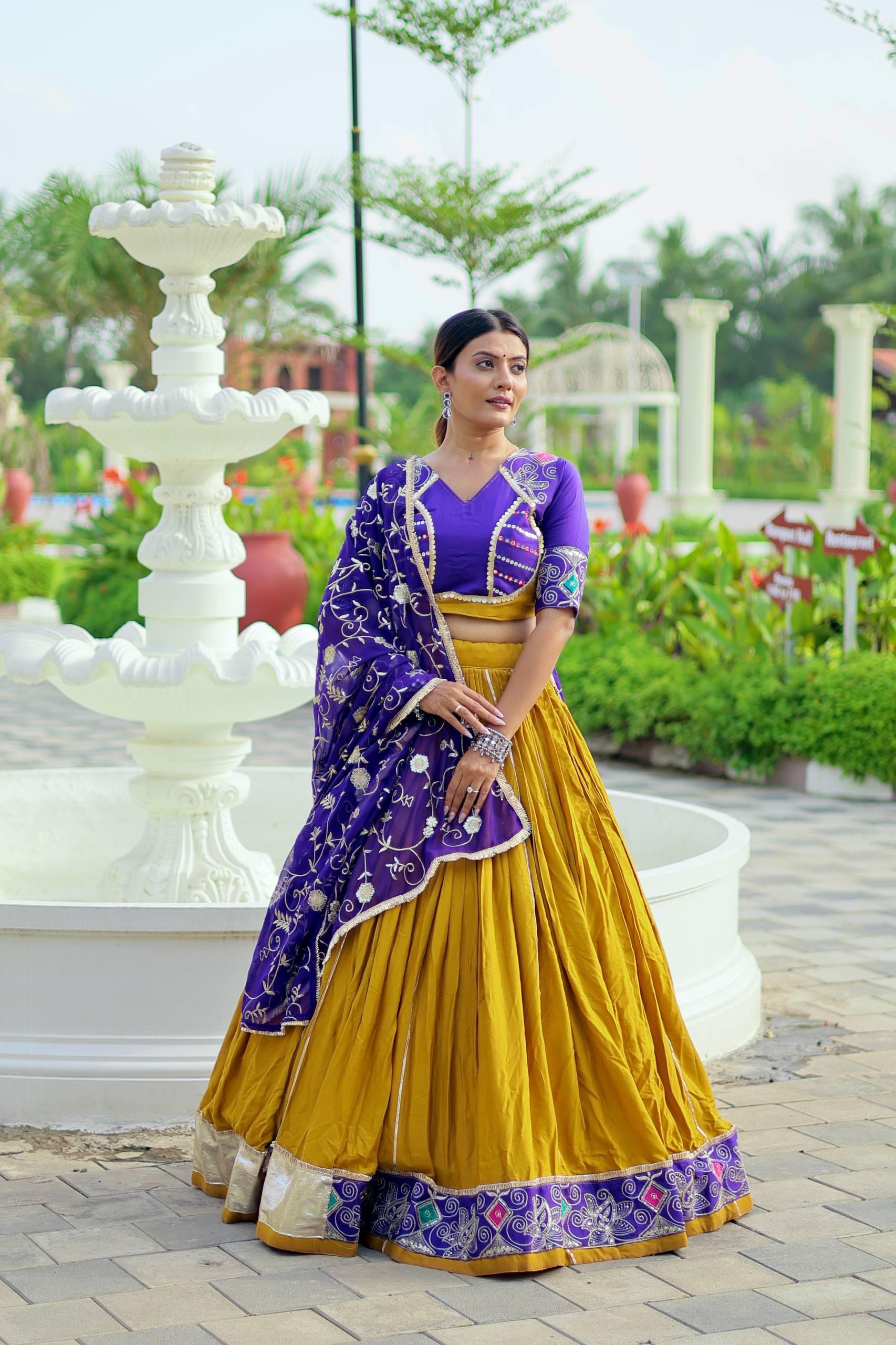 🪡👗💕elegant traditional lehenga in mustard gold with royal purple embroidery🪡💞💕