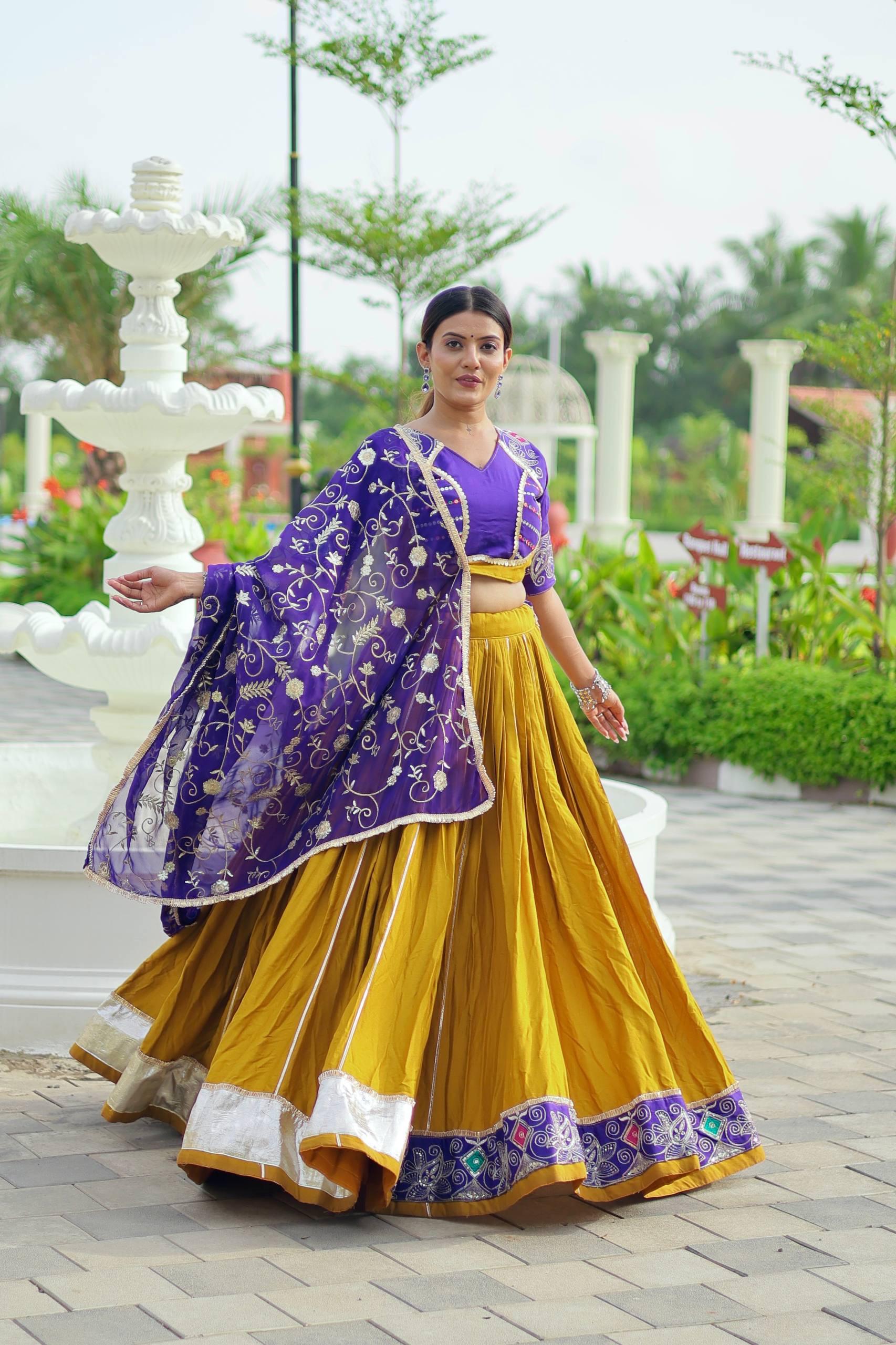 🪡👗💕elegant traditional lehenga in mustard gold with royal purple embroidery🪡💞💕