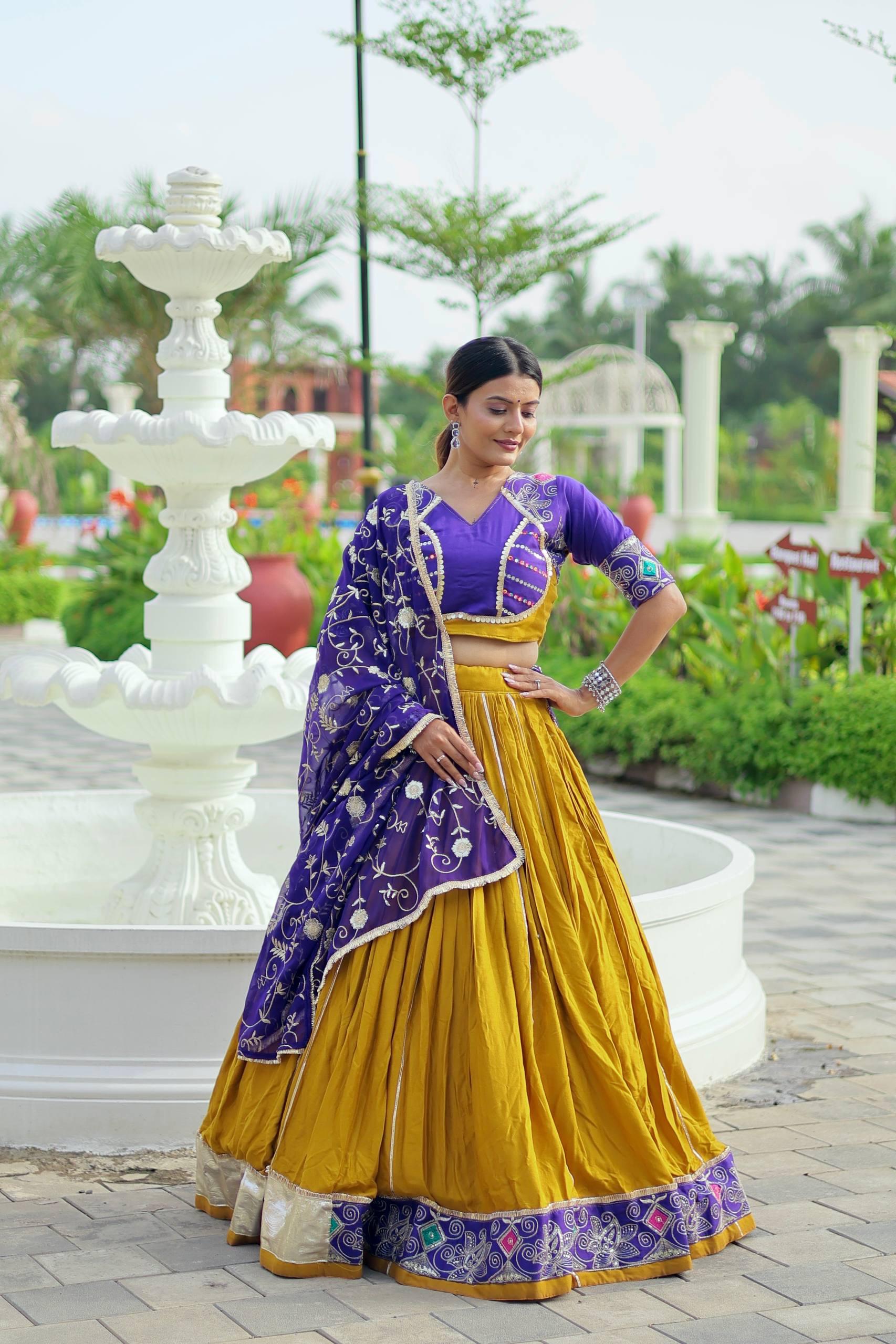 🪡👗💕elegant traditional lehenga in mustard gold with royal purple embroidery🪡💞💕
