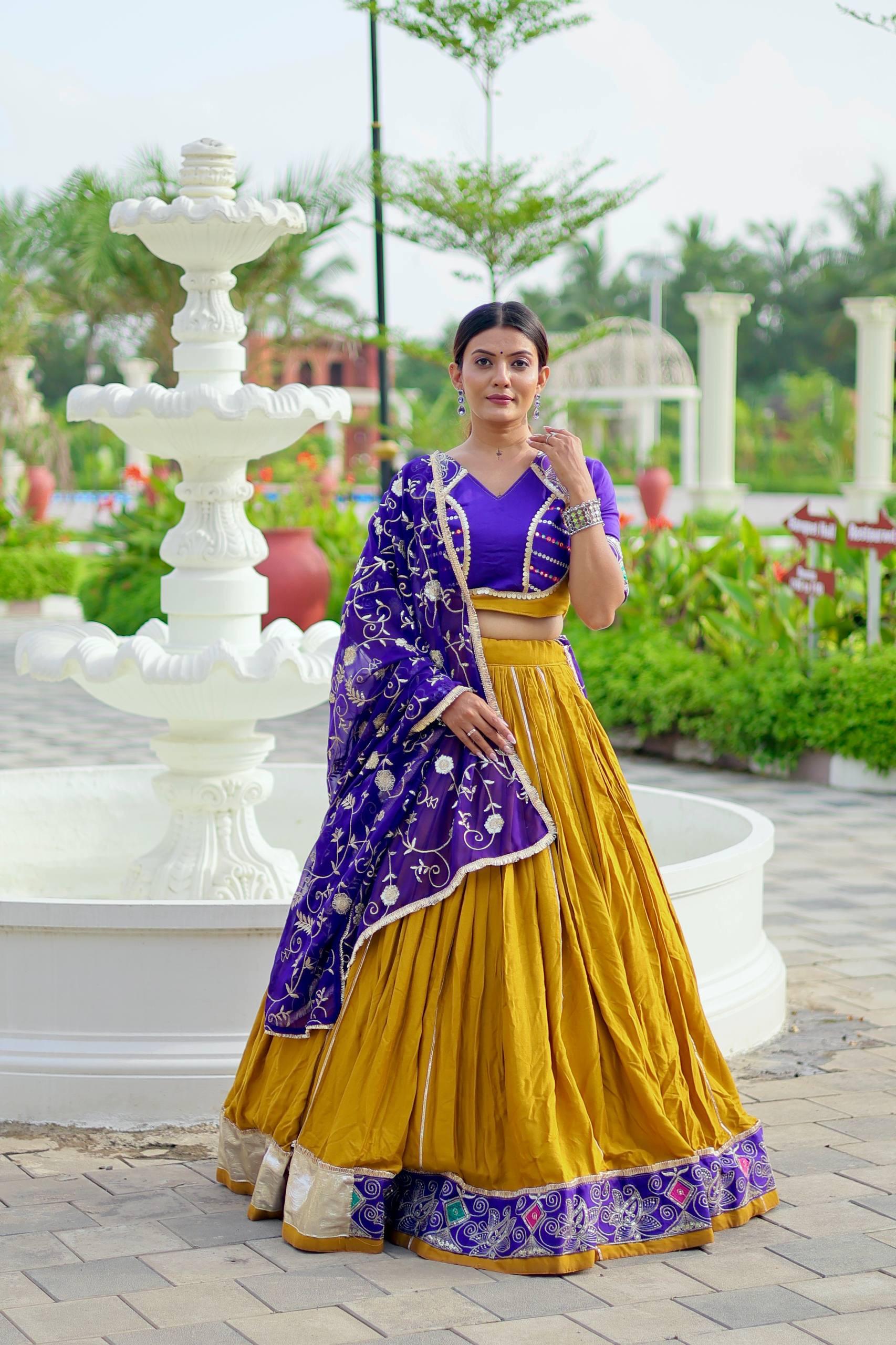 🪡👗💕elegant traditional lehenga in mustard gold with royal purple embroidery🪡💞💕