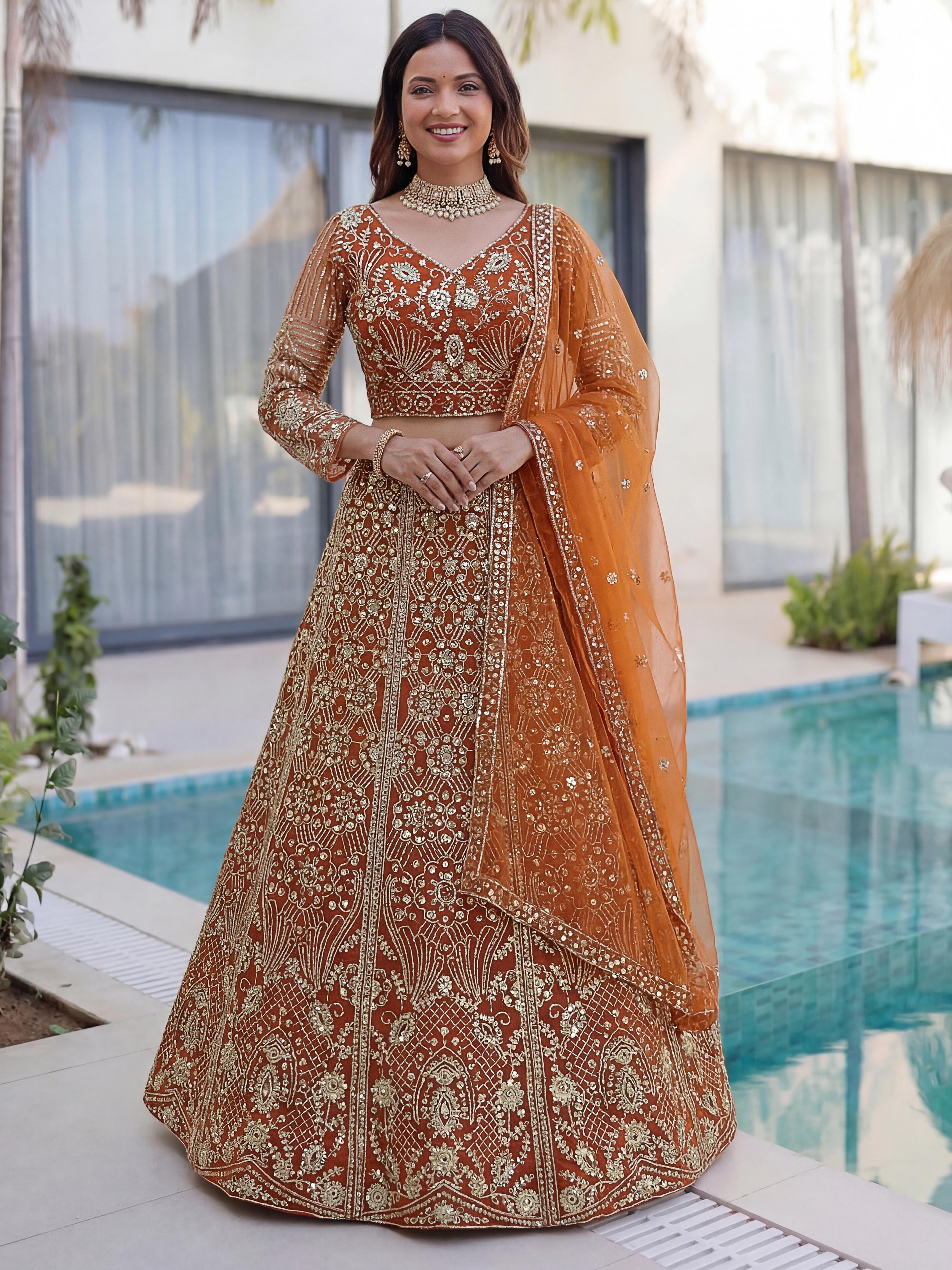🪡👗Rust Orange Regal, Teal Blue Heritage, Sunshine Yellow  Festive Embroidered Lehenga Set.