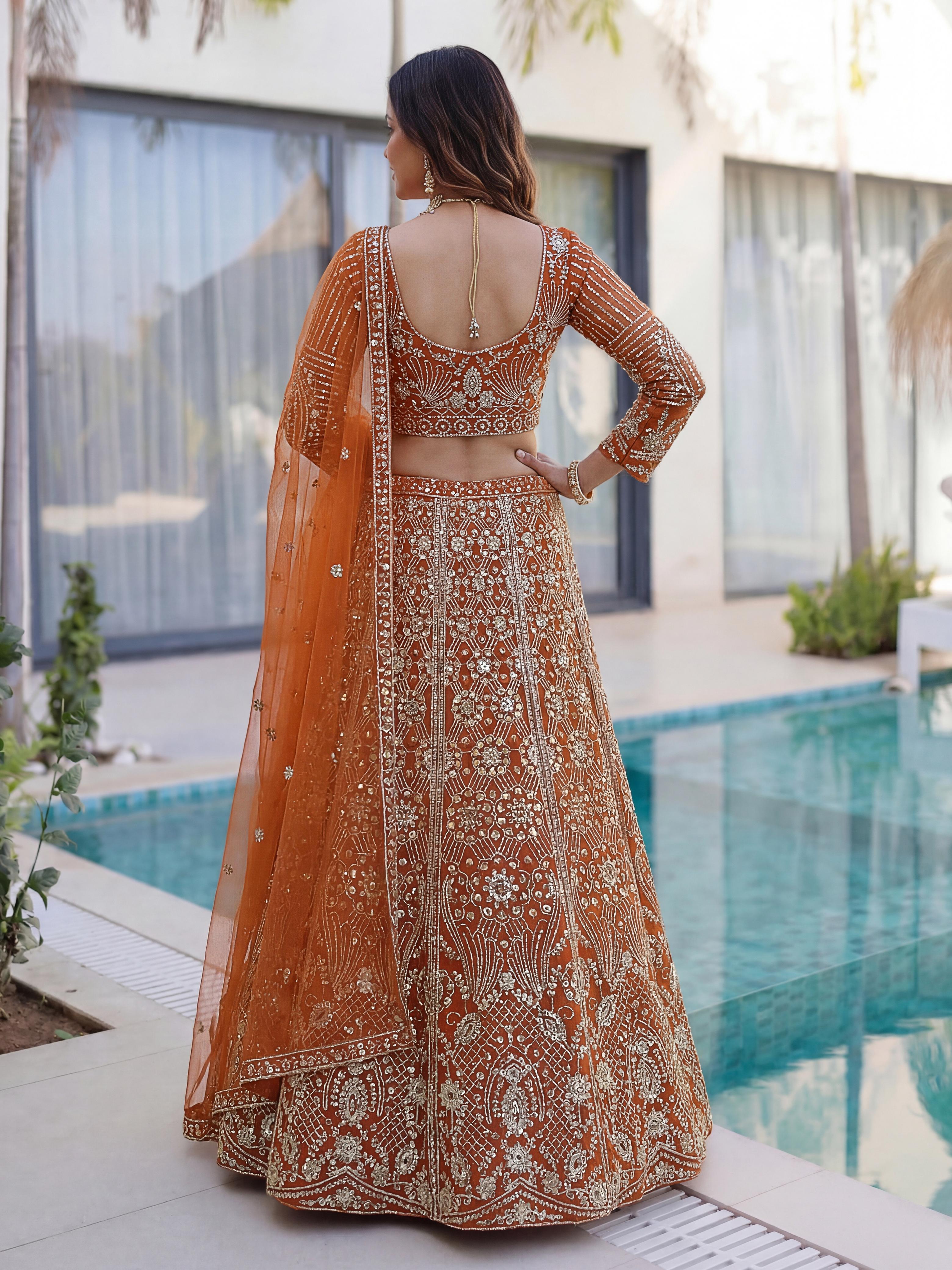 🪡👗Rust Orange Regal, Teal Blue Heritage, Sunshine Yellow  Festive Embroidered Lehenga Set.