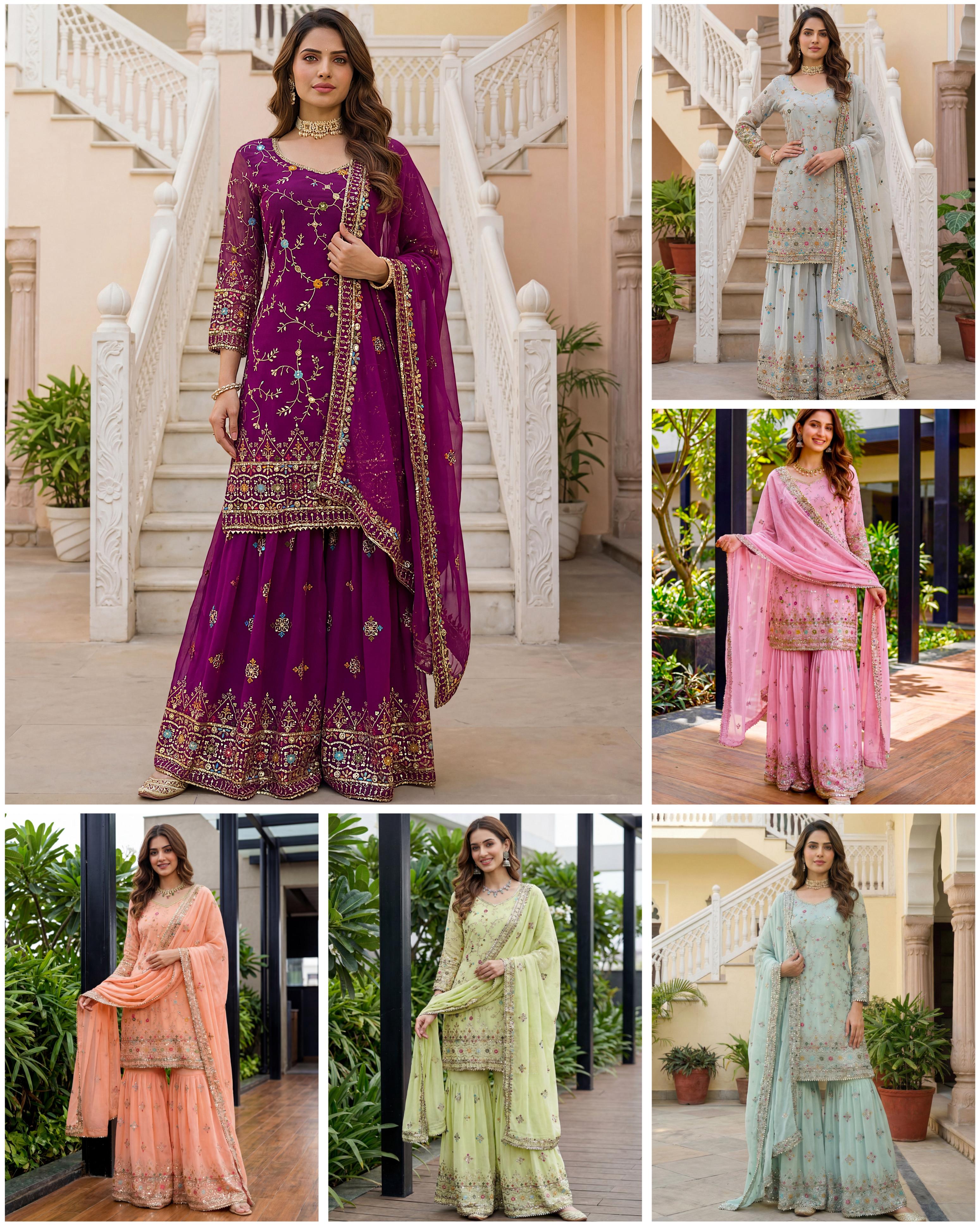Royal Heritage Embroidered Sharara Suit Collection – Festive Elegance in Jewel & Pastel Tones