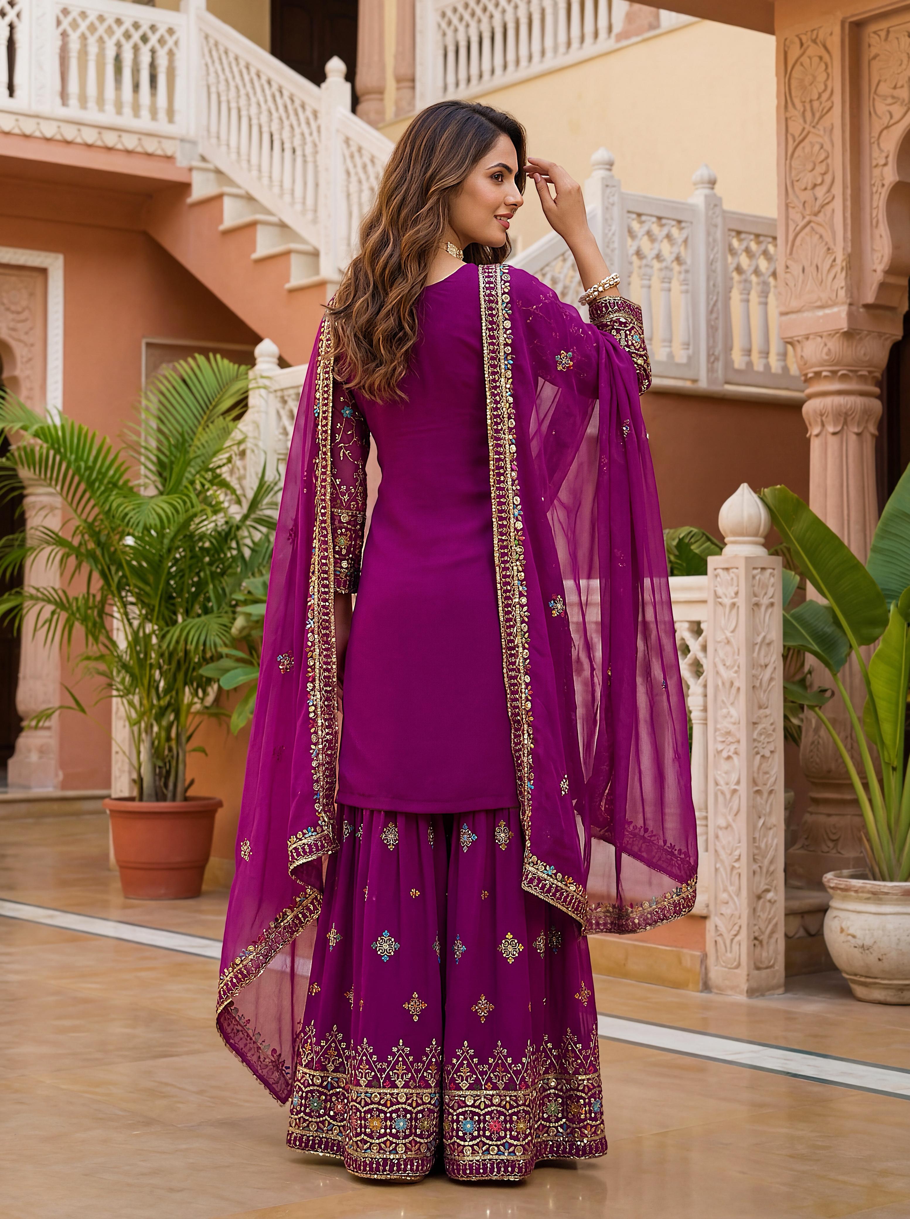 Royal Heritage Embroidered Sharara Suit Collection – Festive Elegance in Jewel & Pastel Tones