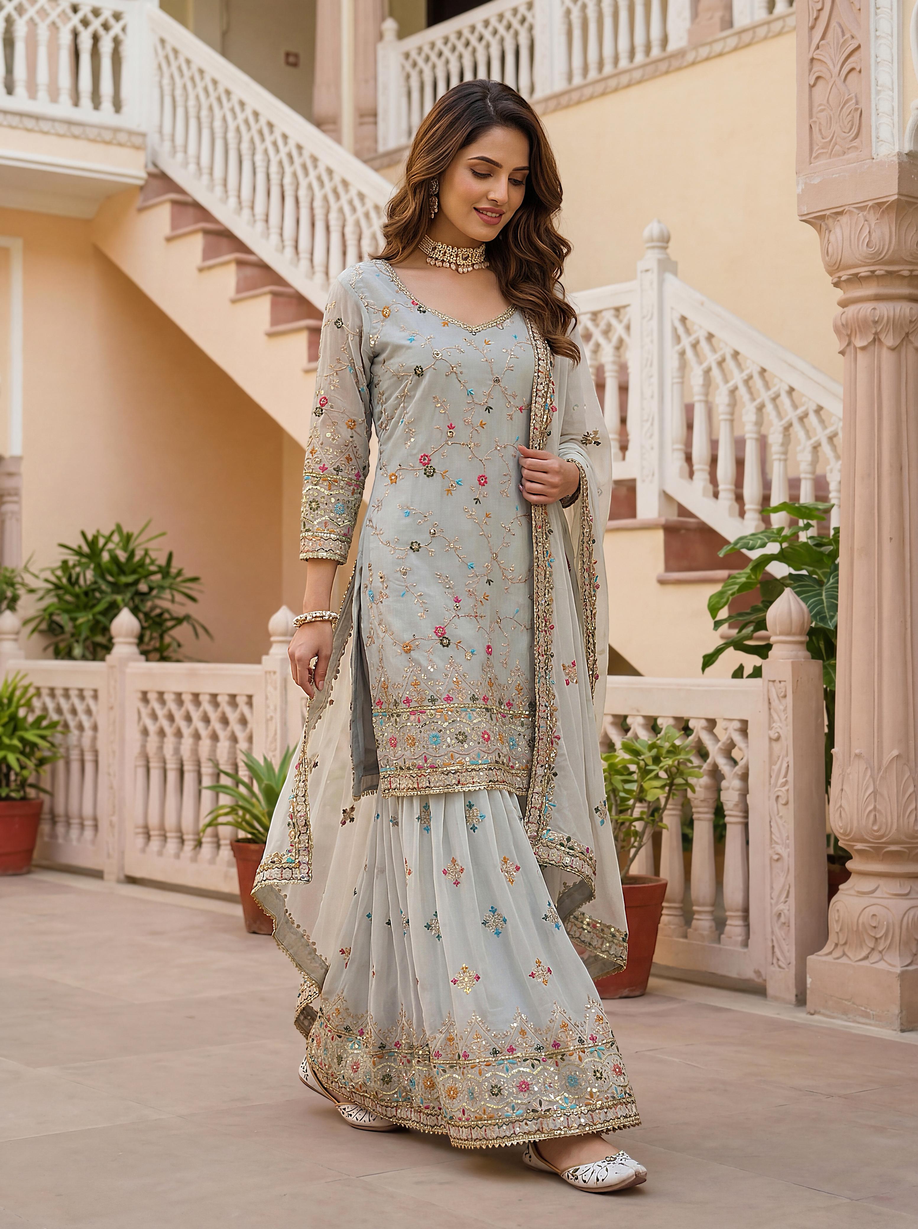 Royal Heritage Embroidered Sharara Suit Collection – Festive Elegance in Jewel & Pastel Tones