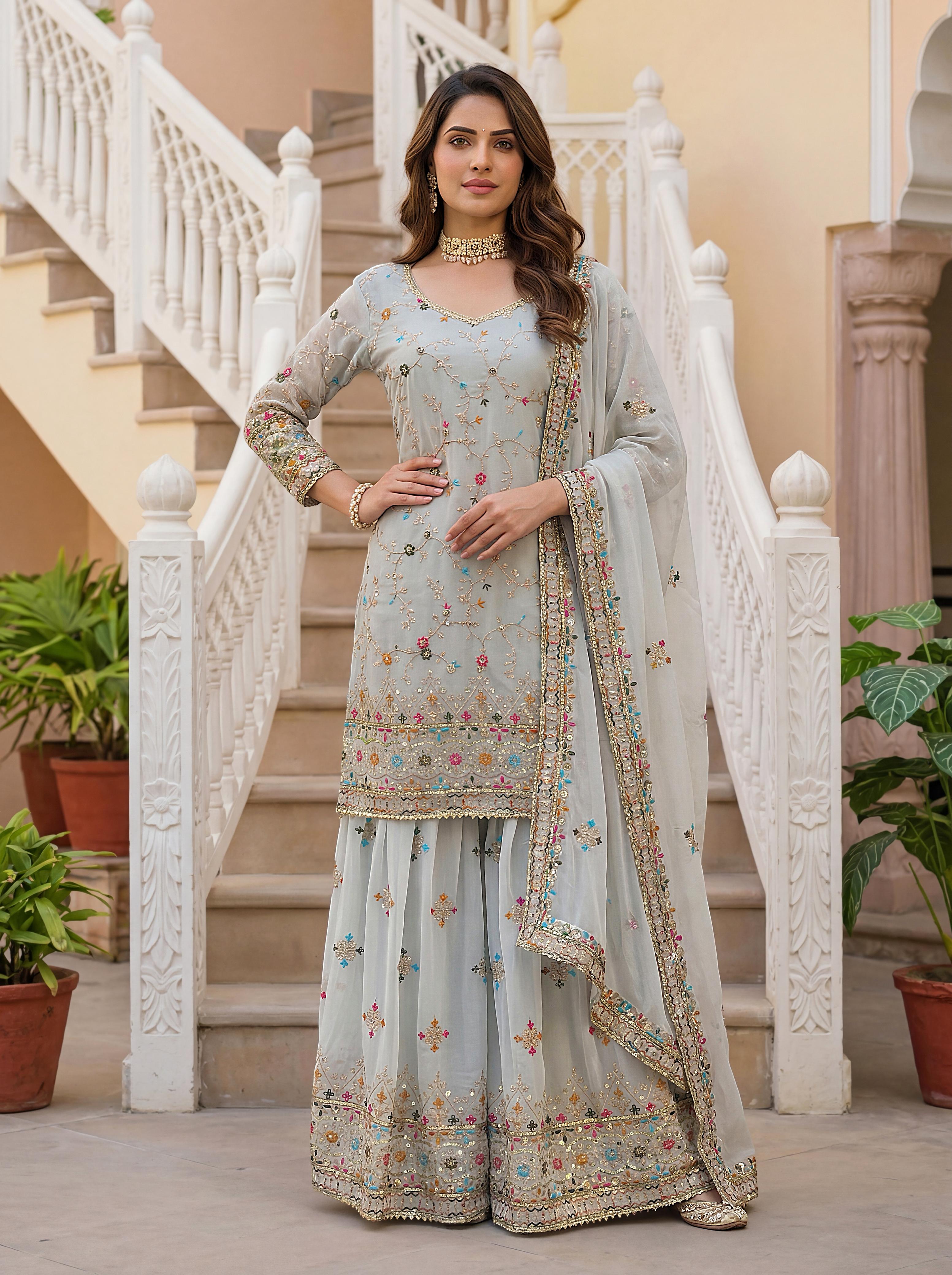 Royal Heritage Embroidered Sharara Suit Collection – Festive Elegance in Jewel & Pastel Tones