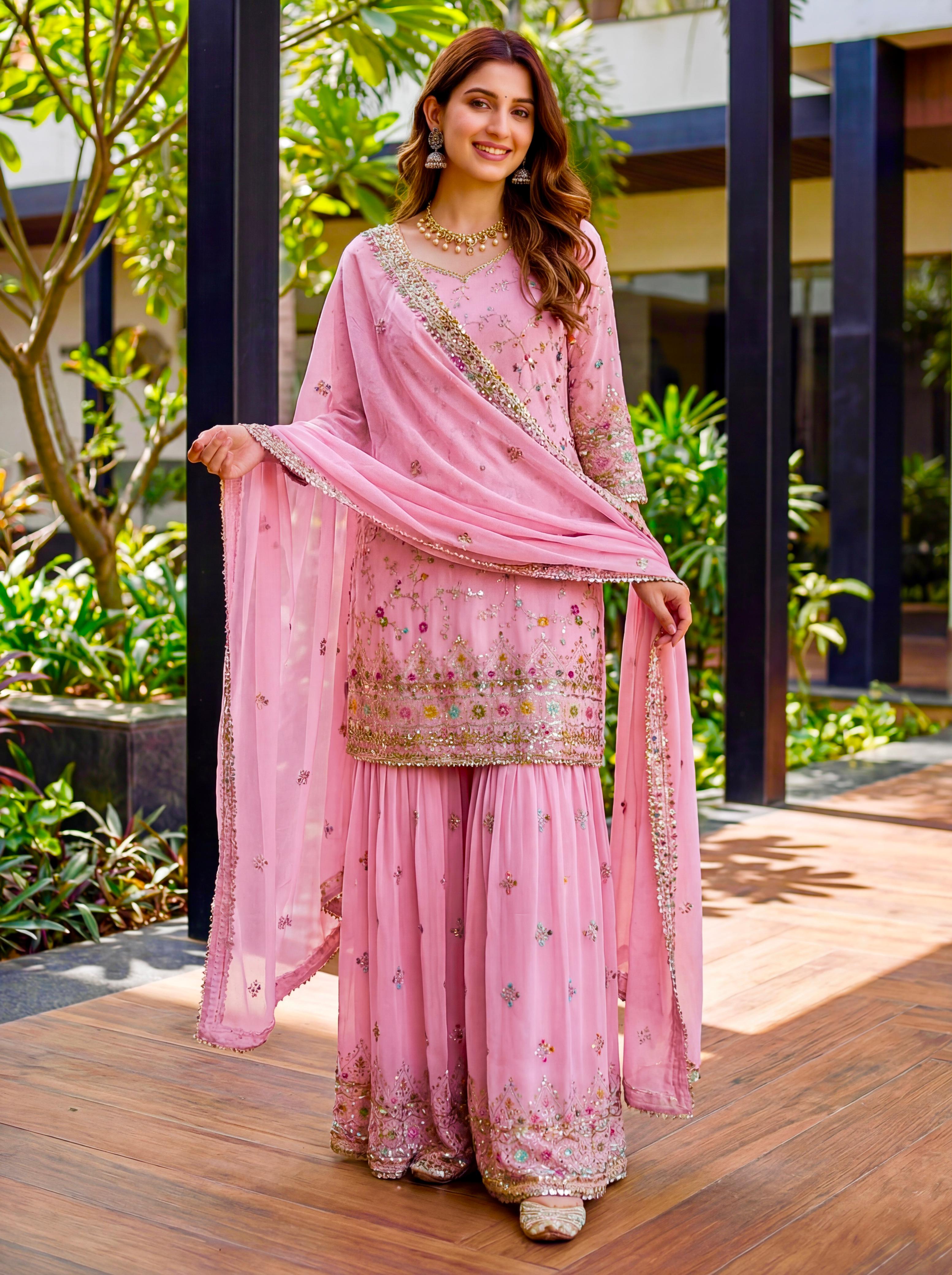 Royal Heritage Embroidered Sharara Suit Collection – Festive Elegance in Jewel & Pastel Tones