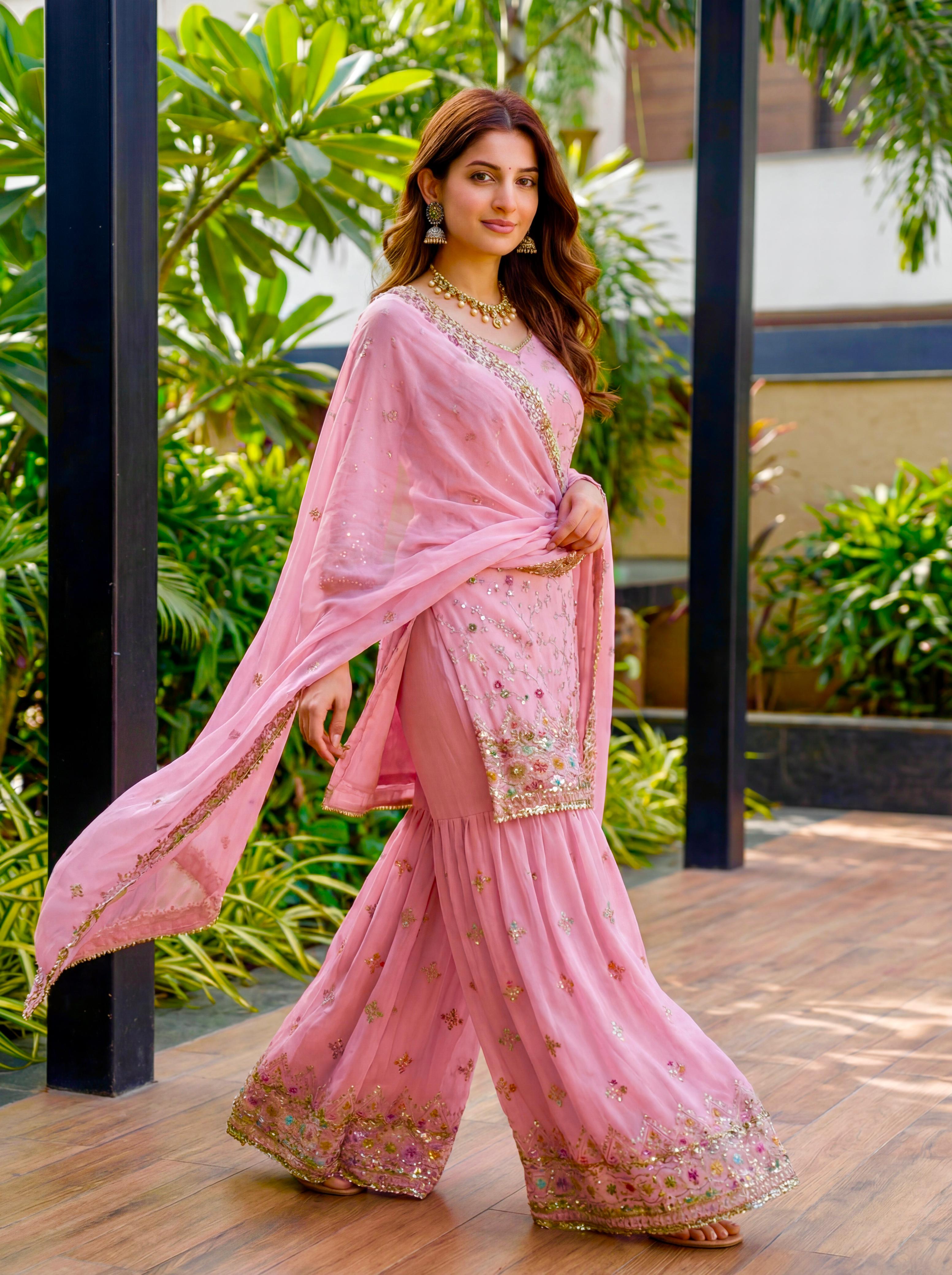 Royal Heritage Embroidered Sharara Suit Collection – Festive Elegance in Jewel & Pastel Tones