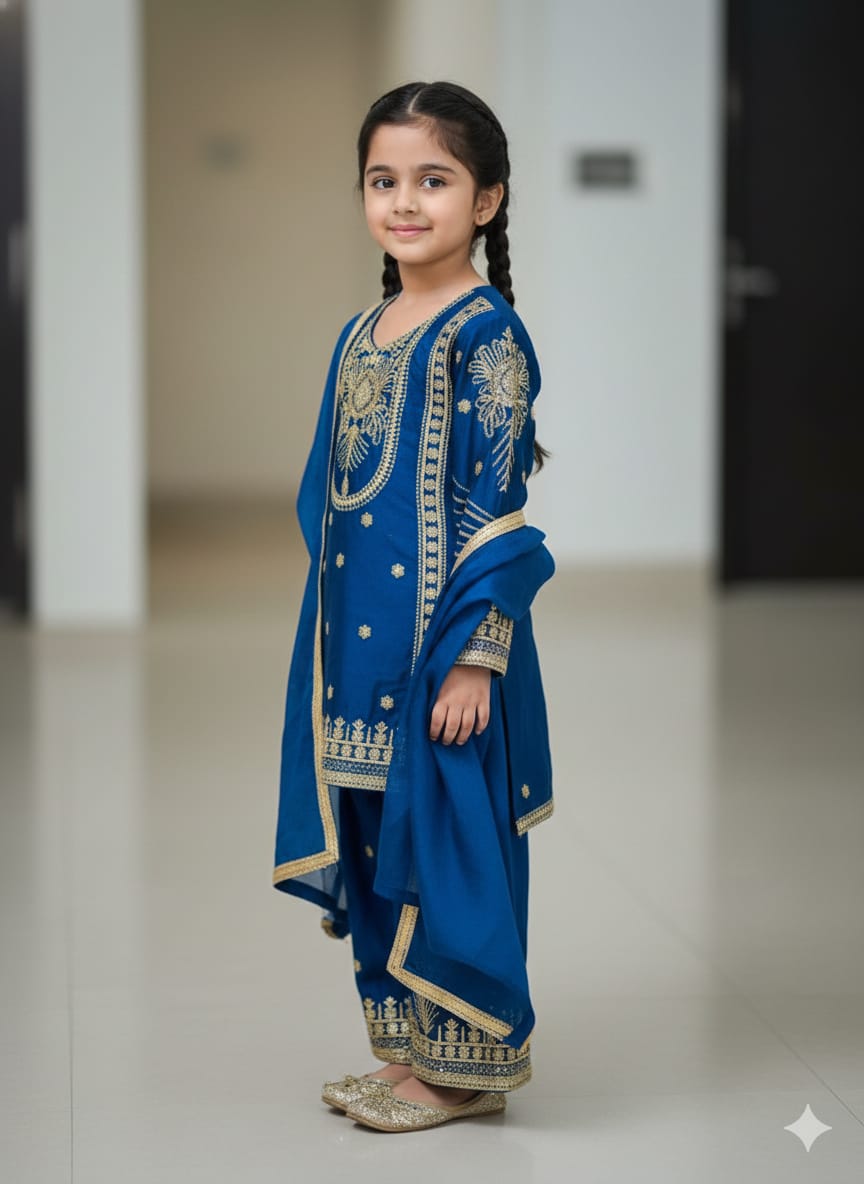 Royal Festive Kids Sharara Suit Collection – Red, Black & Teal Blue with Heavy Golden Embroidery