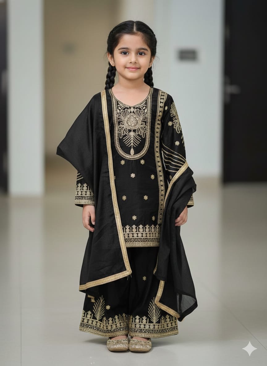 Royal Festive Kids Sharara Suit Collection – Red, Black & Teal Blue with Heavy Golden Embroidery