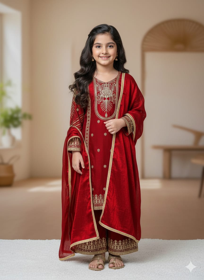 Royal Festive Kids Sharara Suit Collection – Red, Black & Teal Blue with Heavy Golden Embroidery