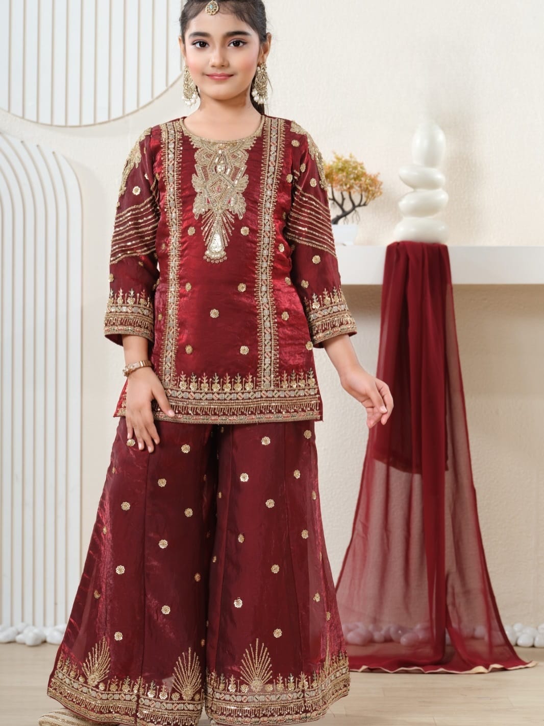 Royal Festive Kids Sharara Suit Collection – Red, Black & Teal Blue with Heavy Golden Embroidery