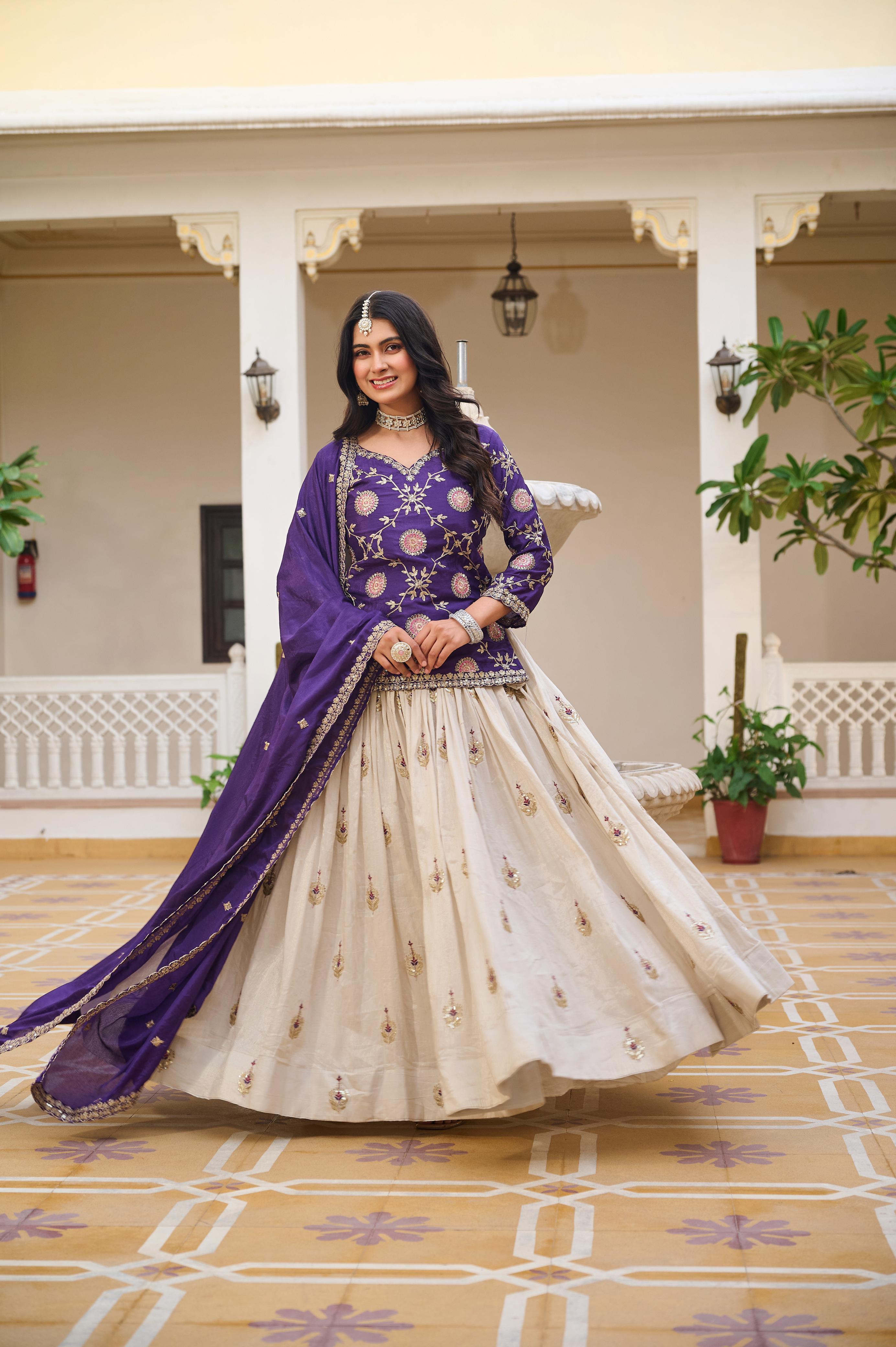 👗Royal Purple and Rani Pink & Ivory Embroidered Lehenga Choli with Elegant Dupatta