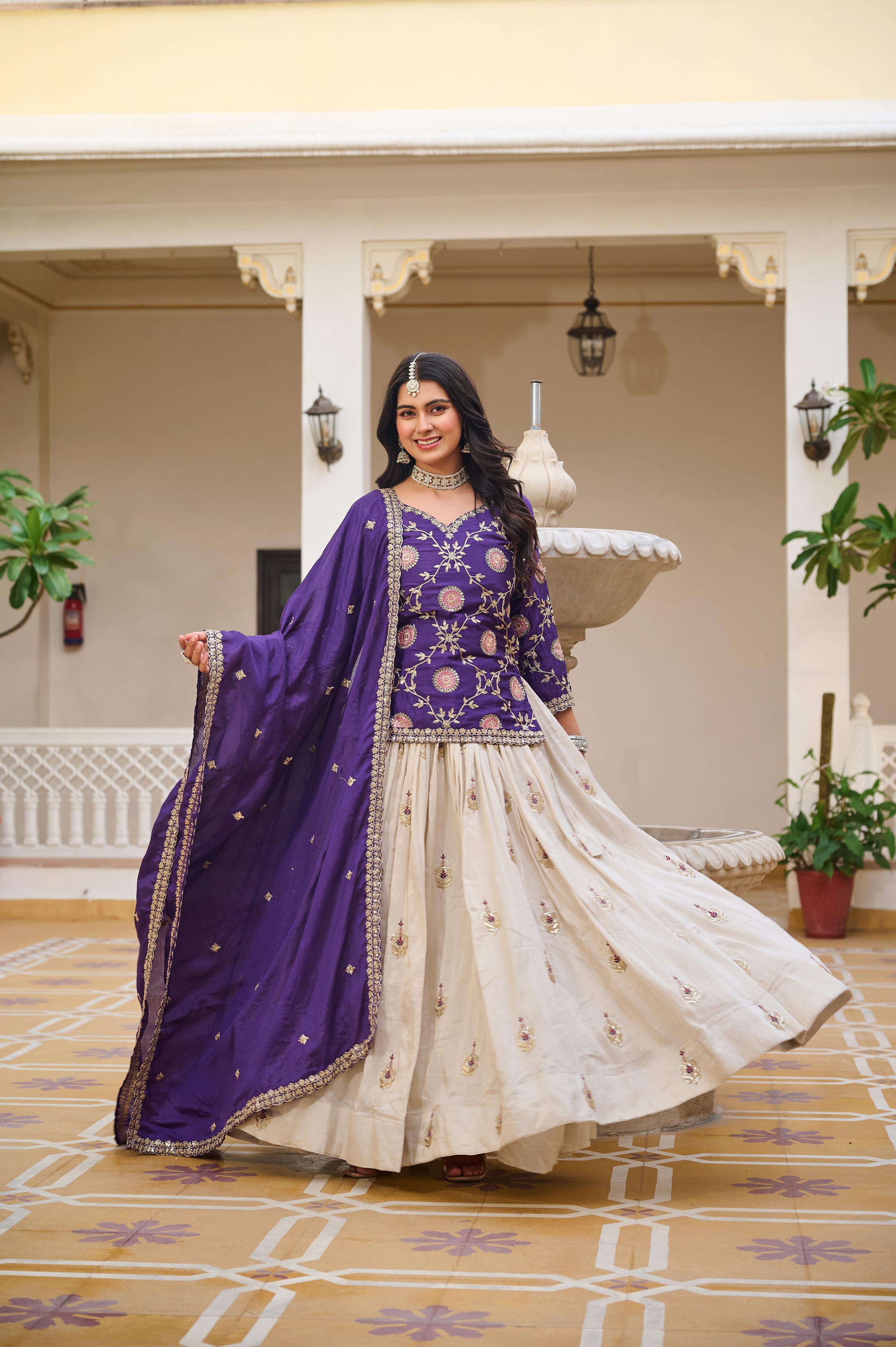 👗Royal Purple and Rani Pink & Ivory Embroidered Lehenga Choli with Elegant Dupatta