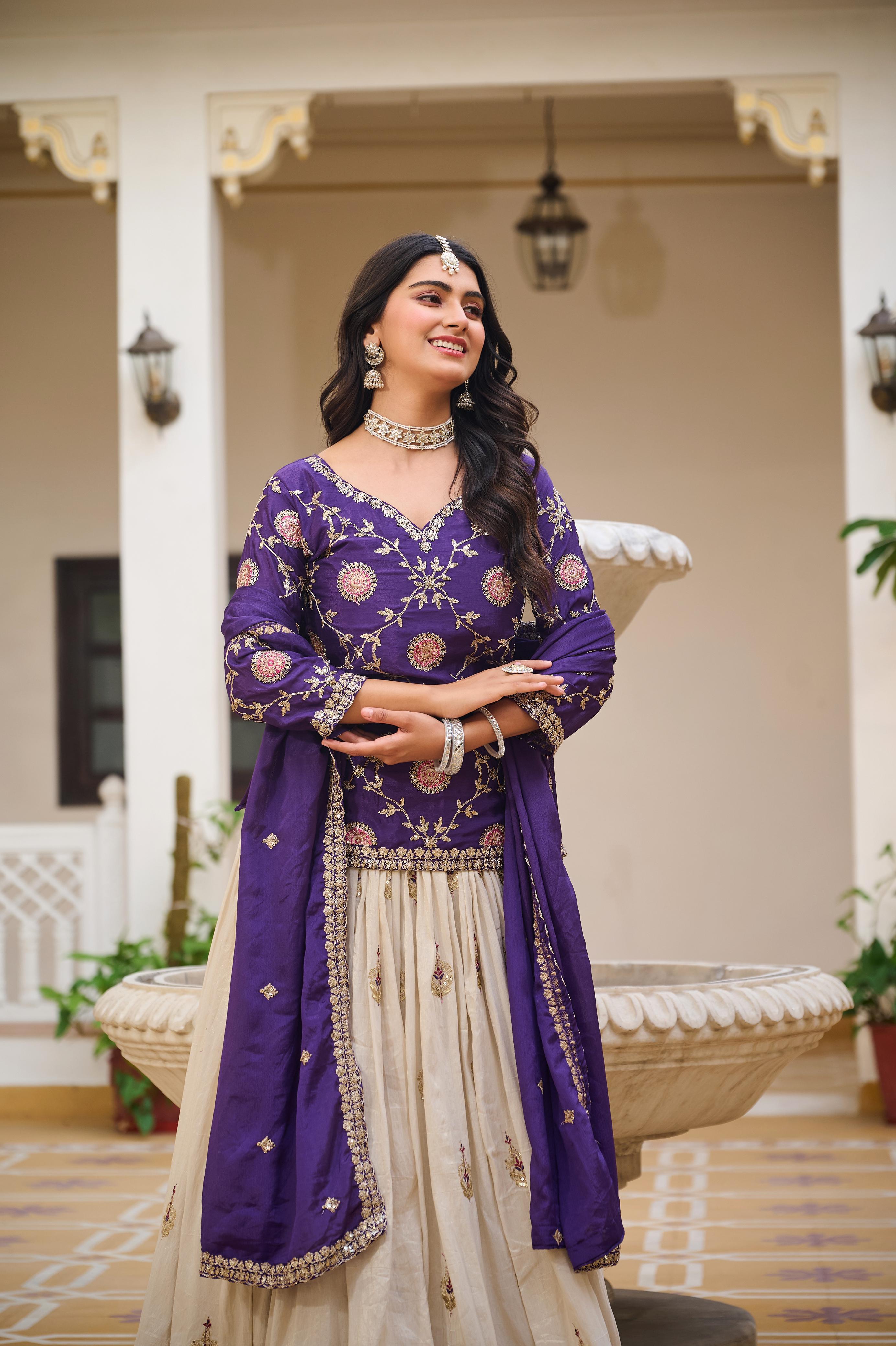 👗Royal Purple and Rani Pink & Ivory Embroidered Lehenga Choli with Elegant Dupatta