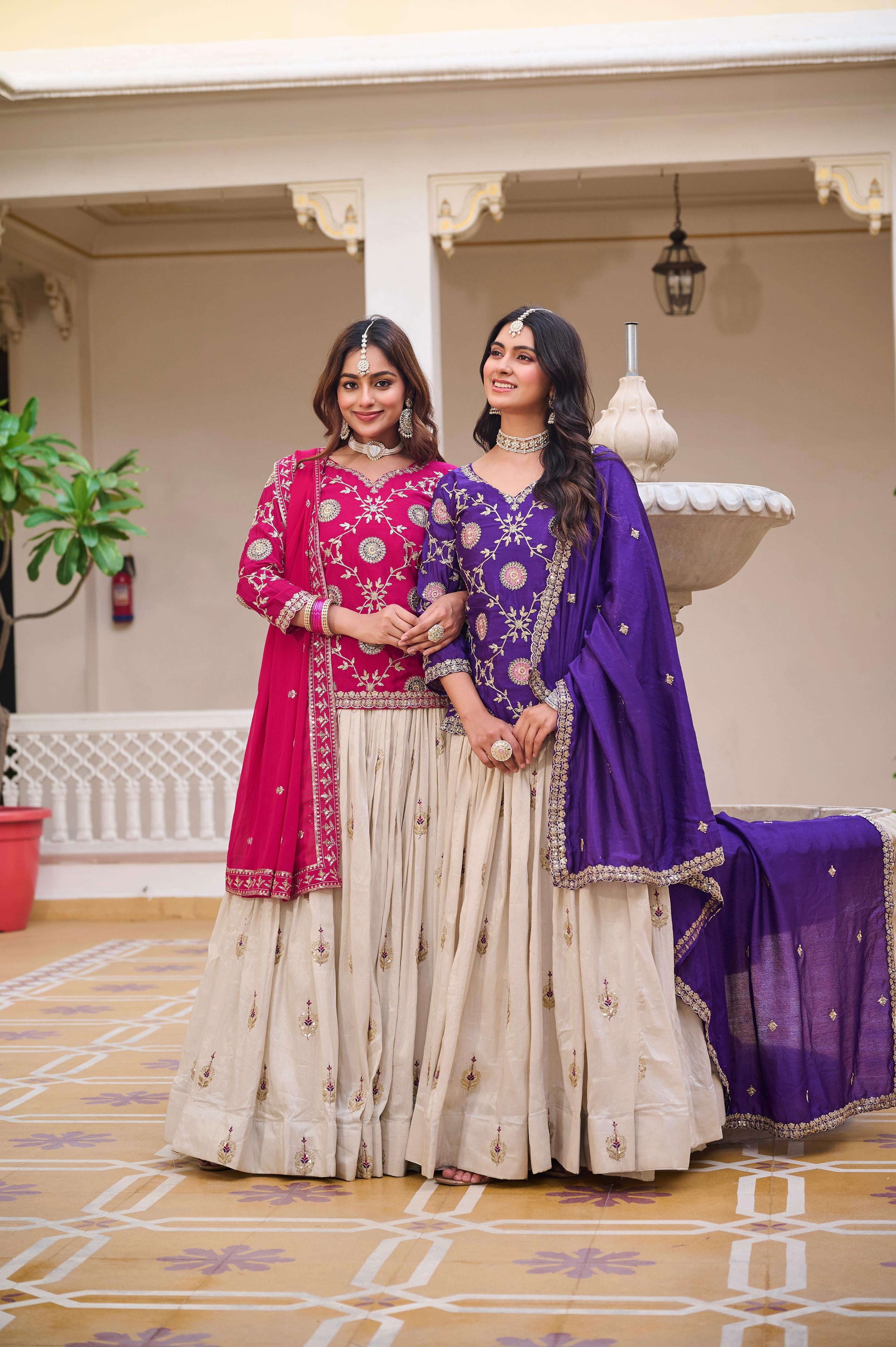 👗Royal Purple and Rani Pink & Ivory Embroidered Lehenga Choli with Elegant Dupatta
