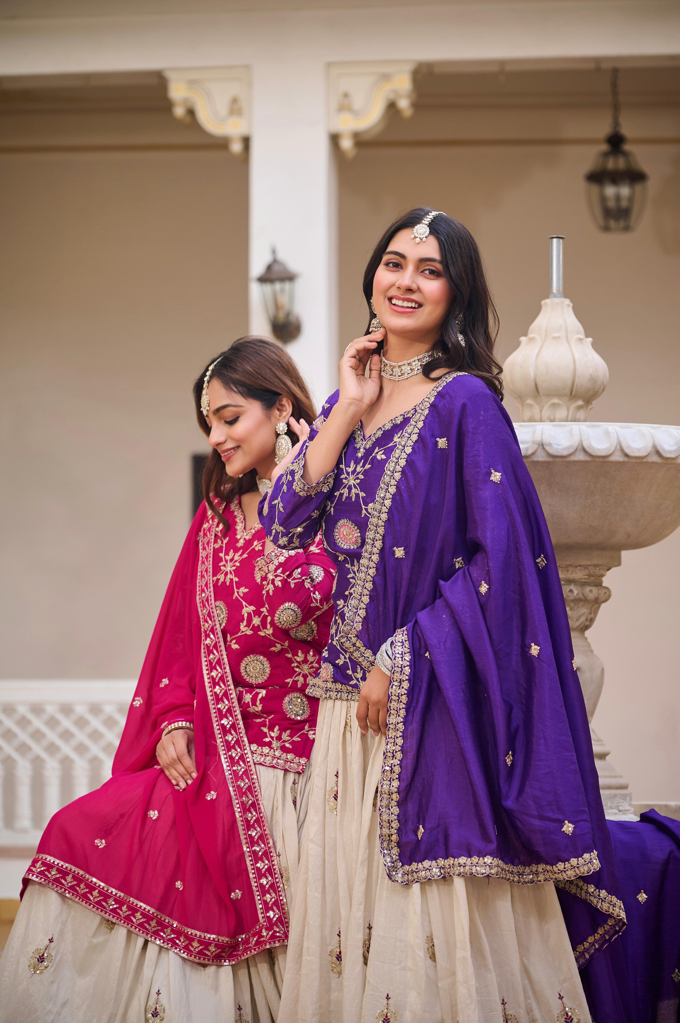 👗Royal Purple and Rani Pink & Ivory Embroidered Lehenga Choli with Elegant Dupatta
