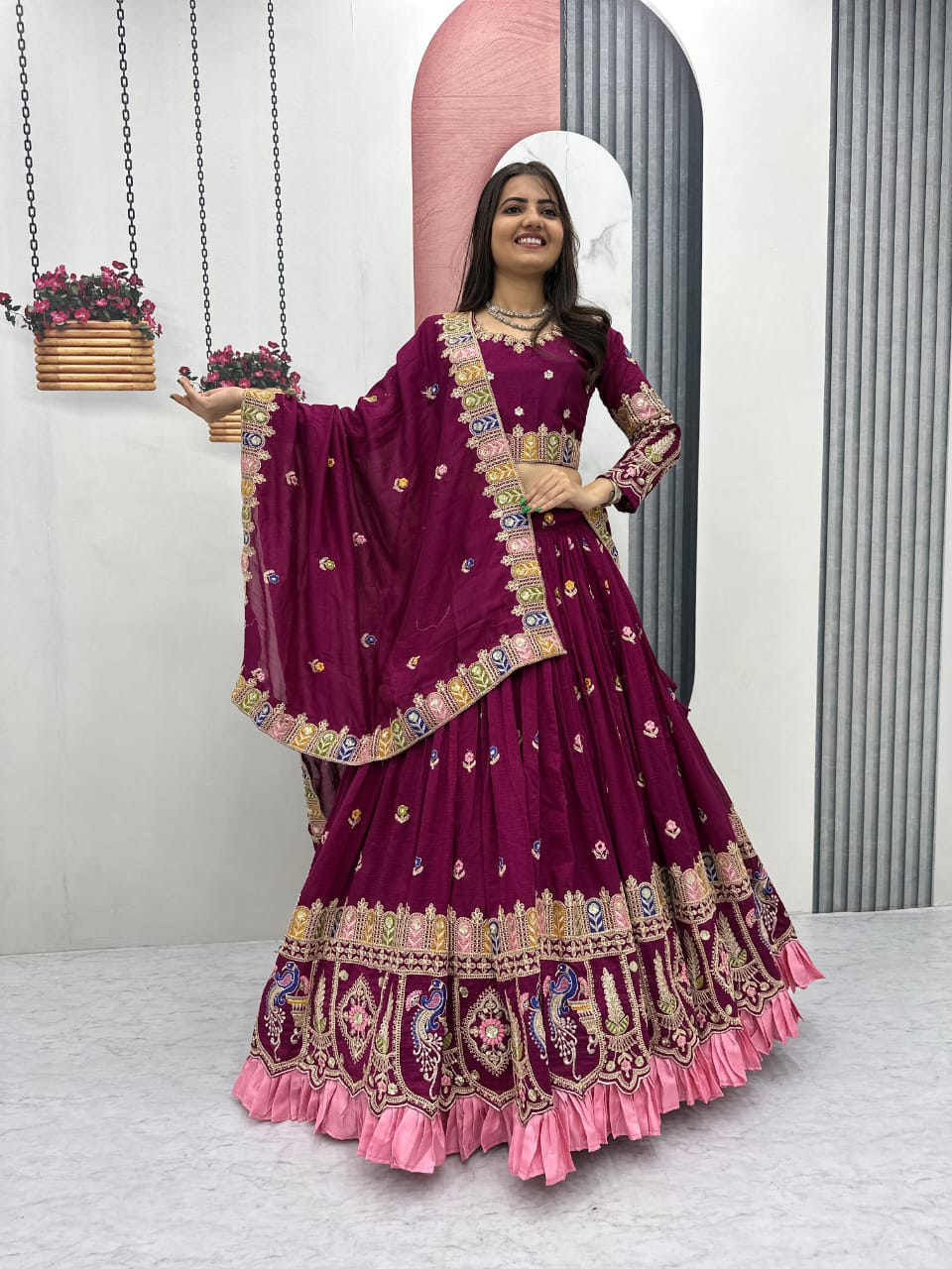 Royal Wine and teal blue Embroidered Lehenga Choli with Designer Dupatta