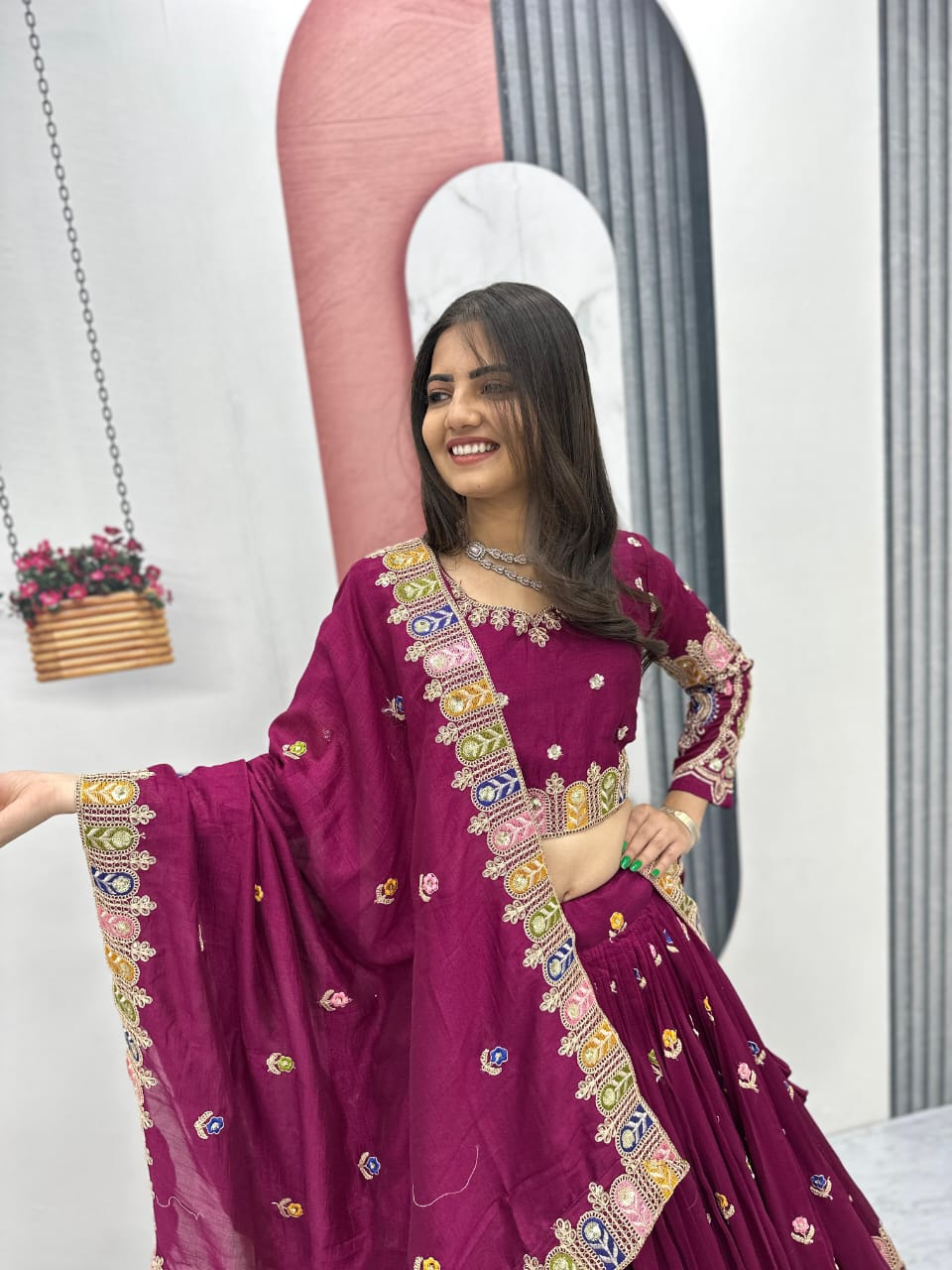 Royal Wine and teal blue Embroidered Lehenga Choli with Designer Dupatta