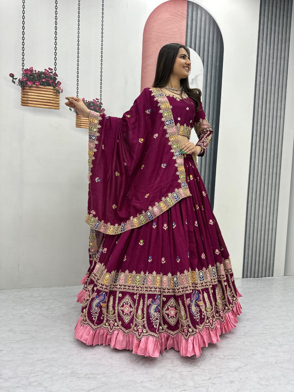 Royal Wine and teal blue Embroidered Lehenga Choli with Designer Dupatta