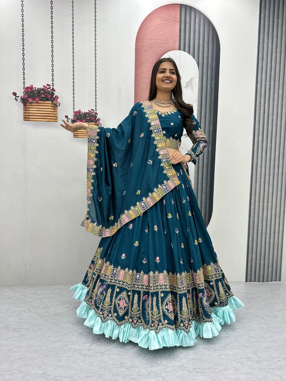 Royal Wine and teal blue Embroidered Lehenga Choli with Designer Dupatta
