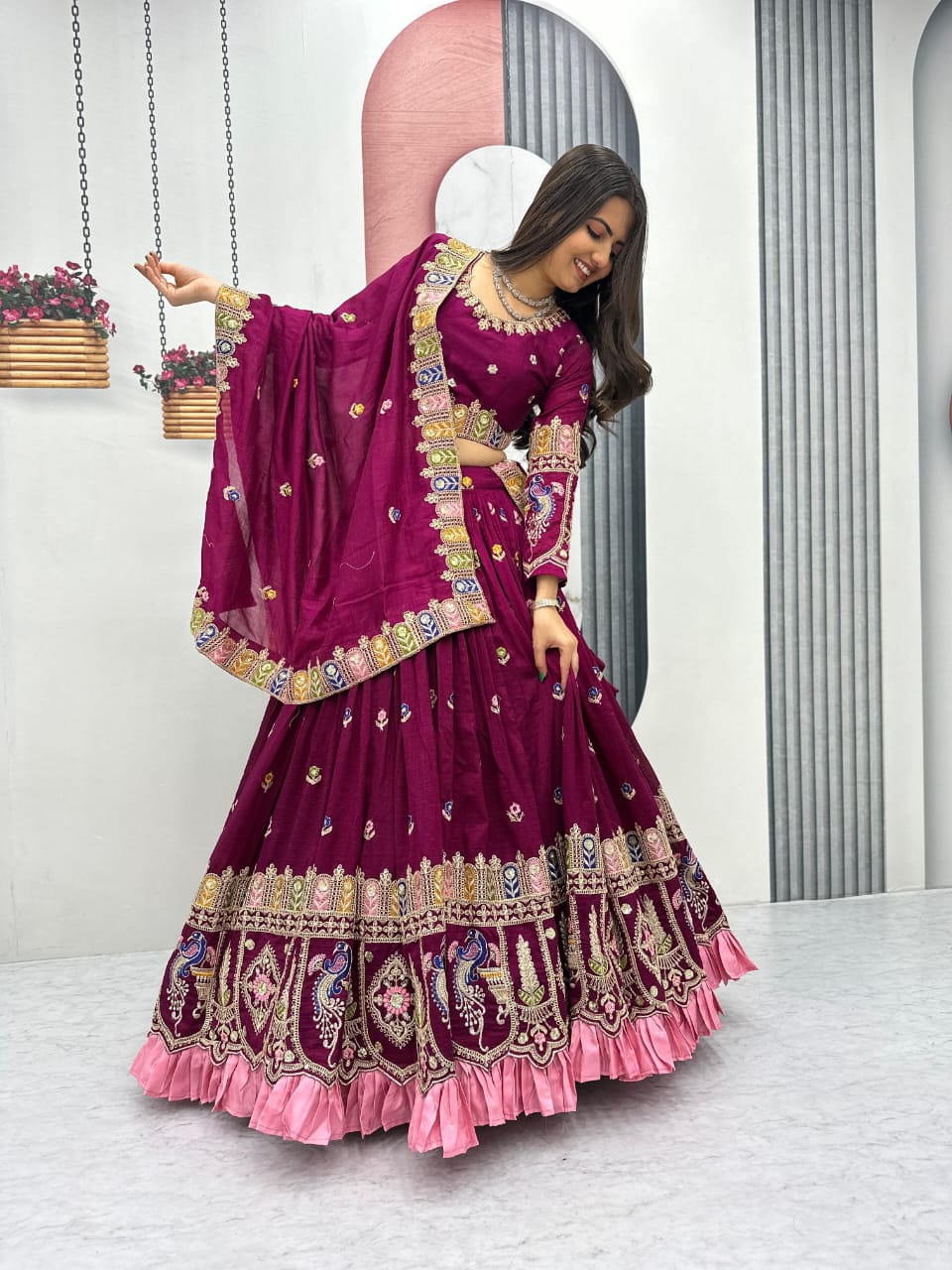 Royal Wine and teal blue Embroidered Lehenga Choli with Designer Dupatta