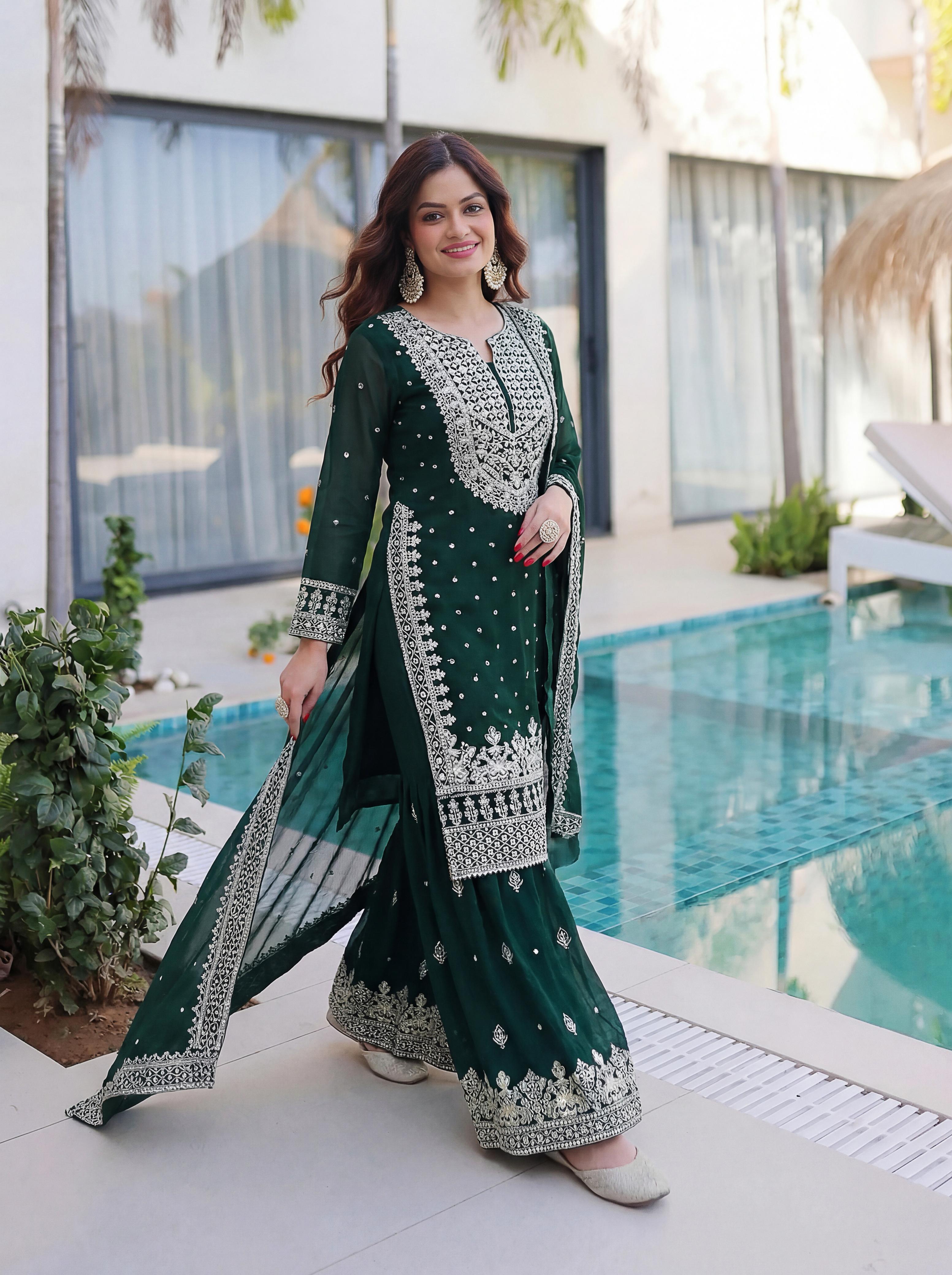 Emerald Elegance Embroidered Sharara Suit Set with Dupatta