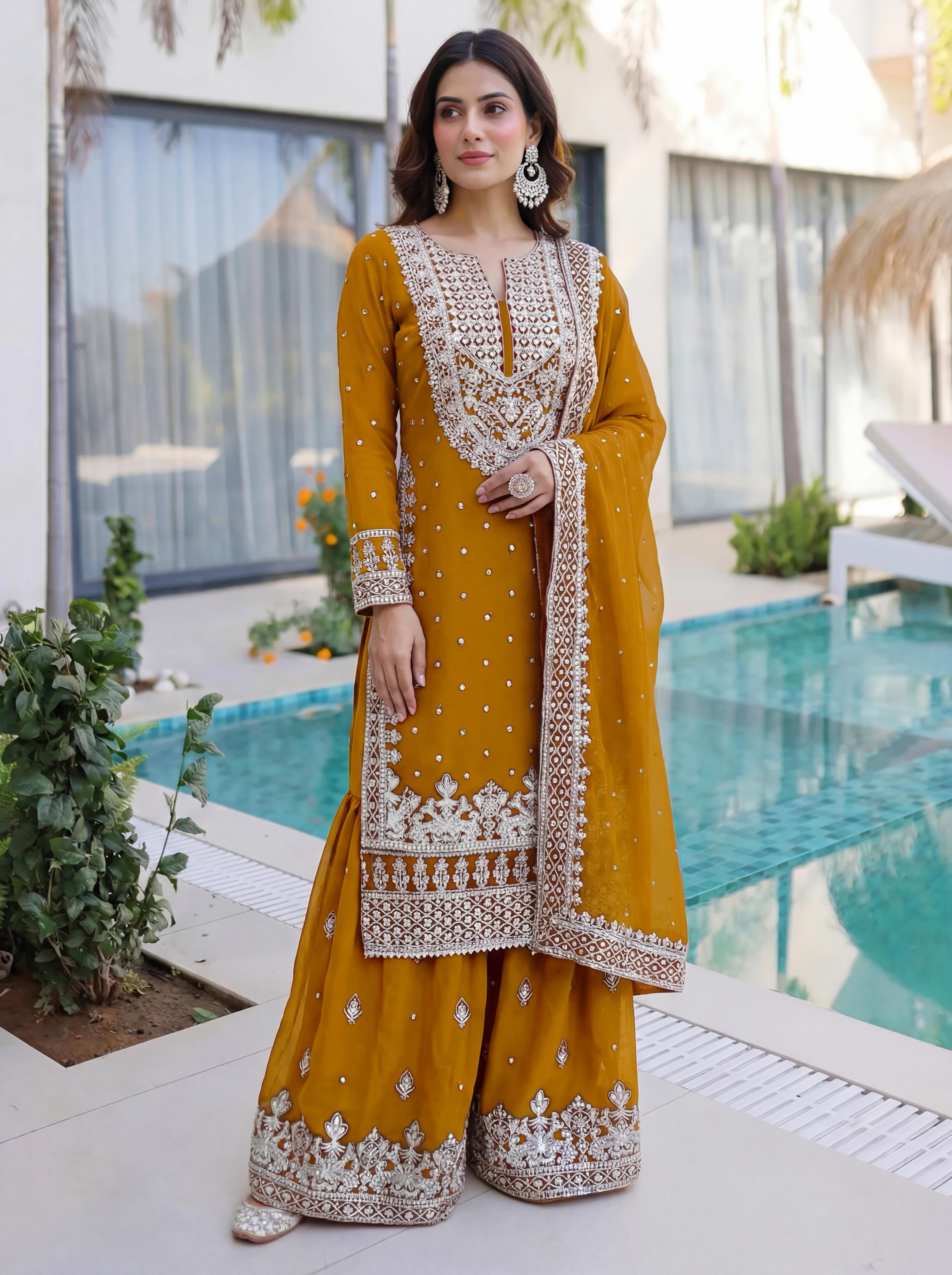 Emerald Elegance Embroidered Sharara Suit Set with Dupatta
