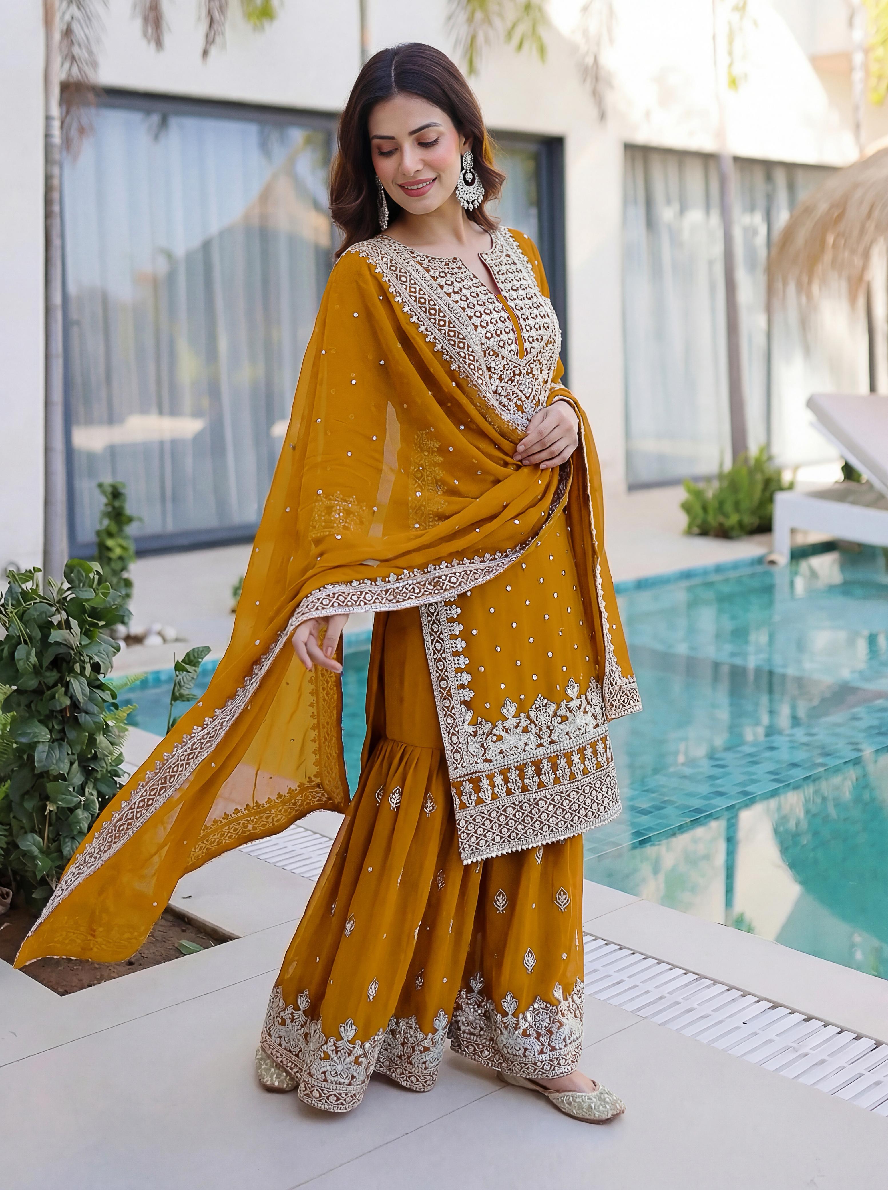 Emerald Elegance Embroidered Sharara Suit Set with Dupatta