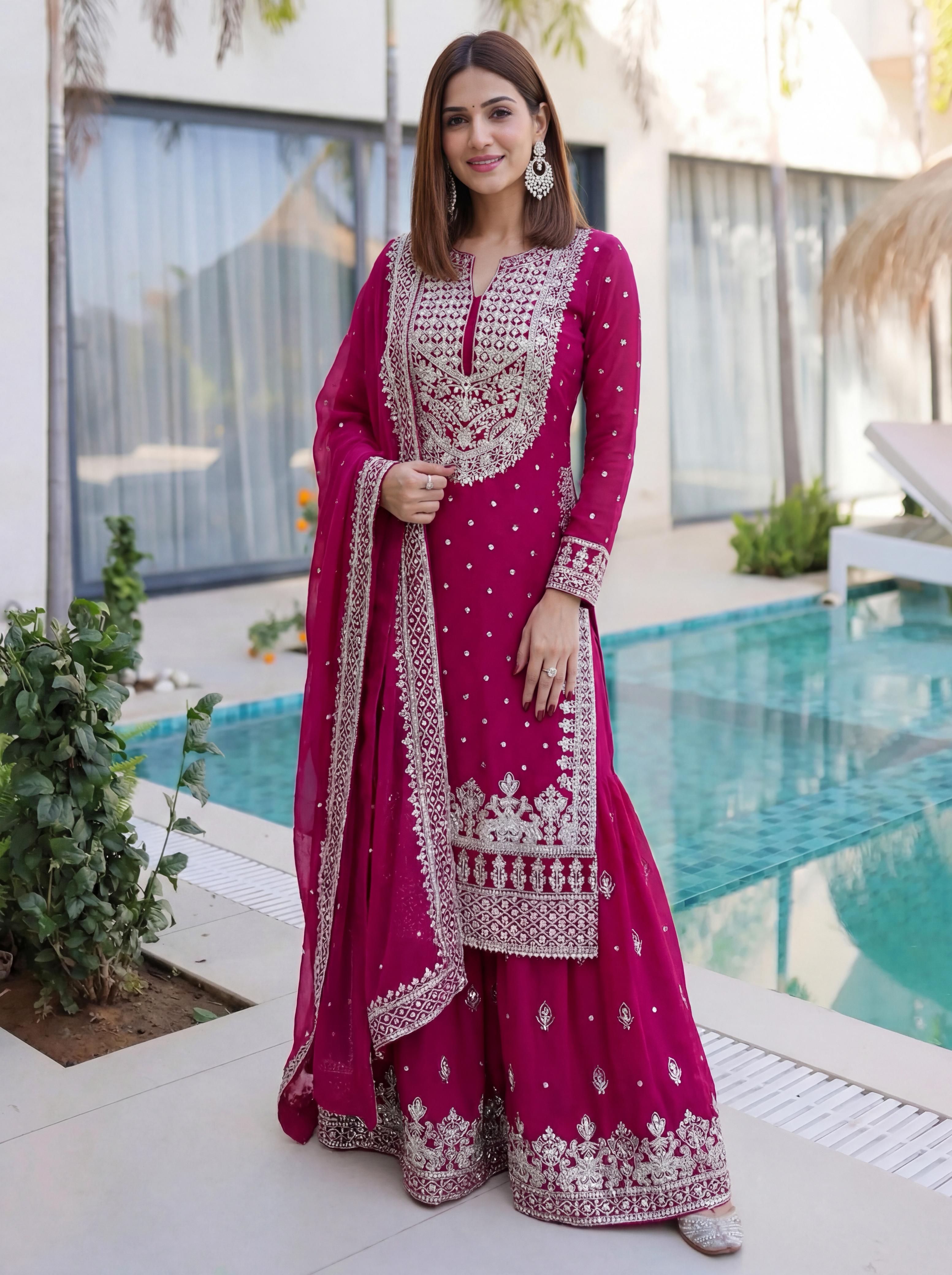 Emerald Elegance Embroidered Sharara Suit Set with Dupatta