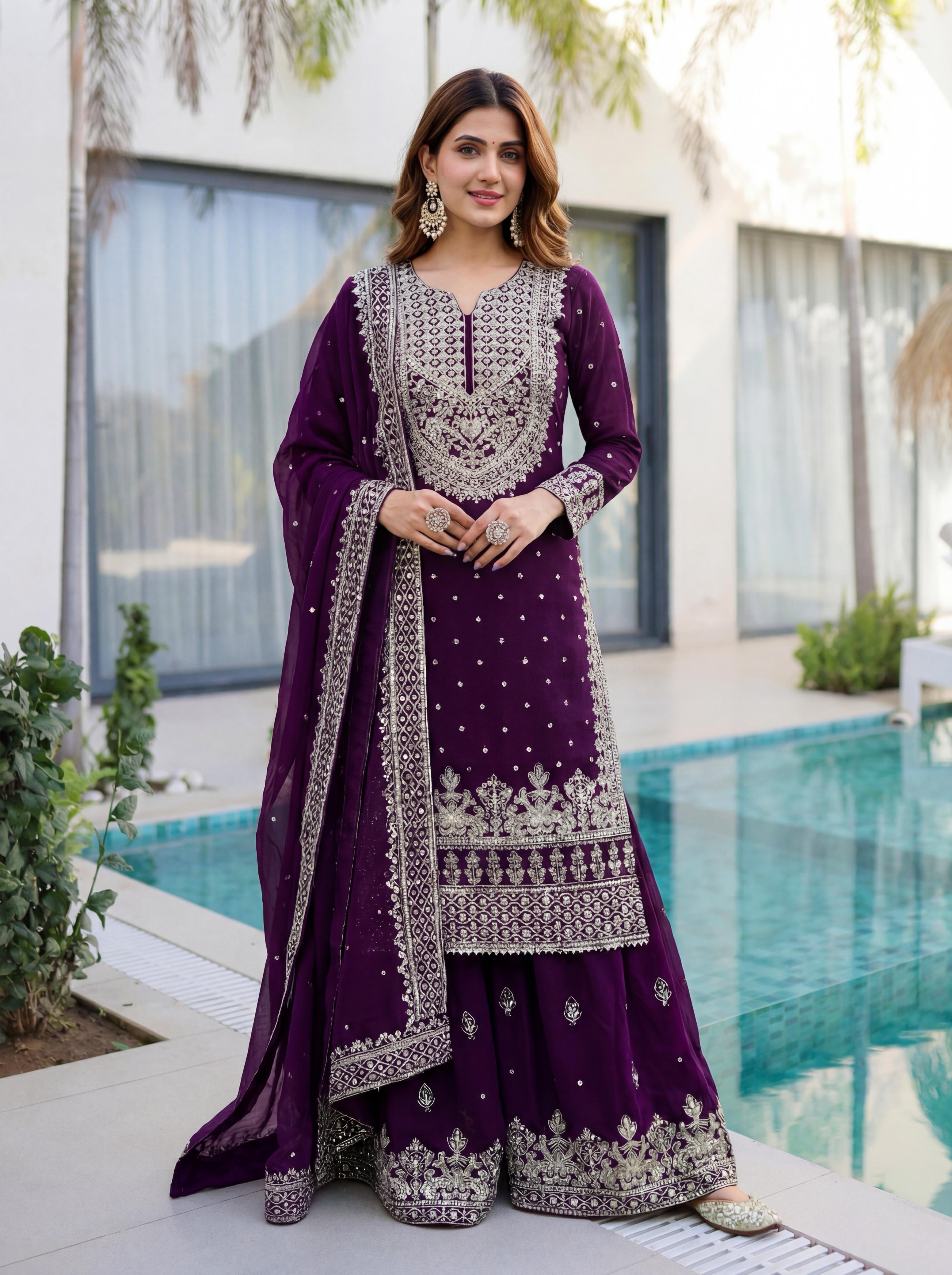 Emerald Elegance Embroidered Sharara Suit Set with Dupatta