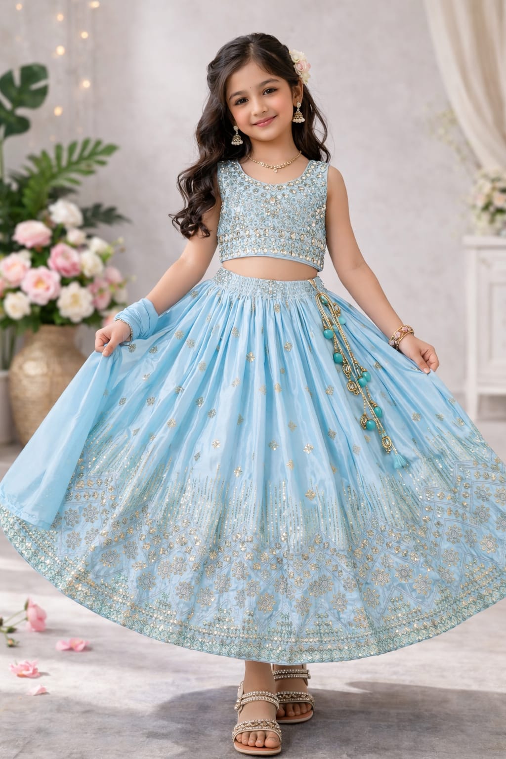 Elegant Mint Green,sky blue,rani pink Designer Kids Lehenga Choli with Heavy Embroidery All three come with golden embroidery, giving a rich traditional look ✨